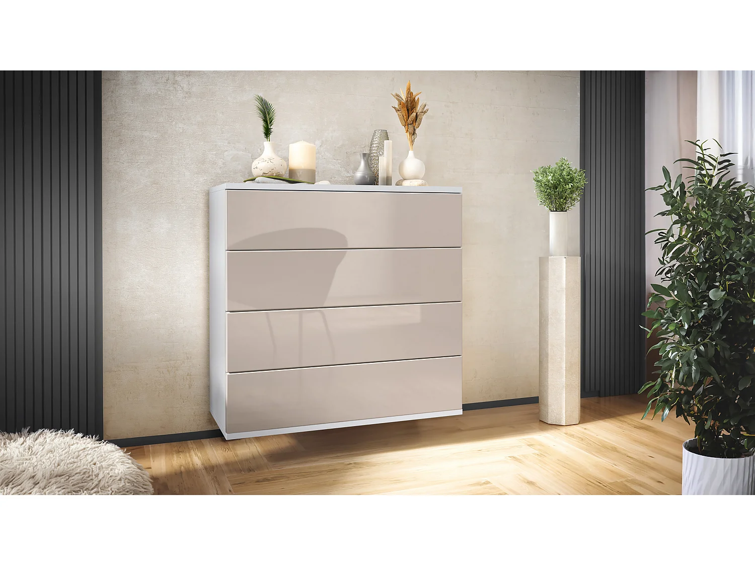 Cassettiera sospesa Pavos V3, Credenza con 4 cassetti bianco opaco/grigio sabbia lucido (76 x 76 x 35 cm)