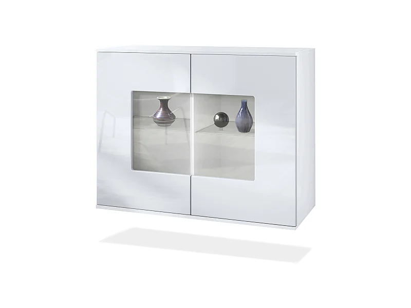Commode Grömitz V3, Armoire de cuisine moderne avec 2 grandes portes vitrées blanc mat / blanc haute brillance (92,5 x 73.5 x 35)