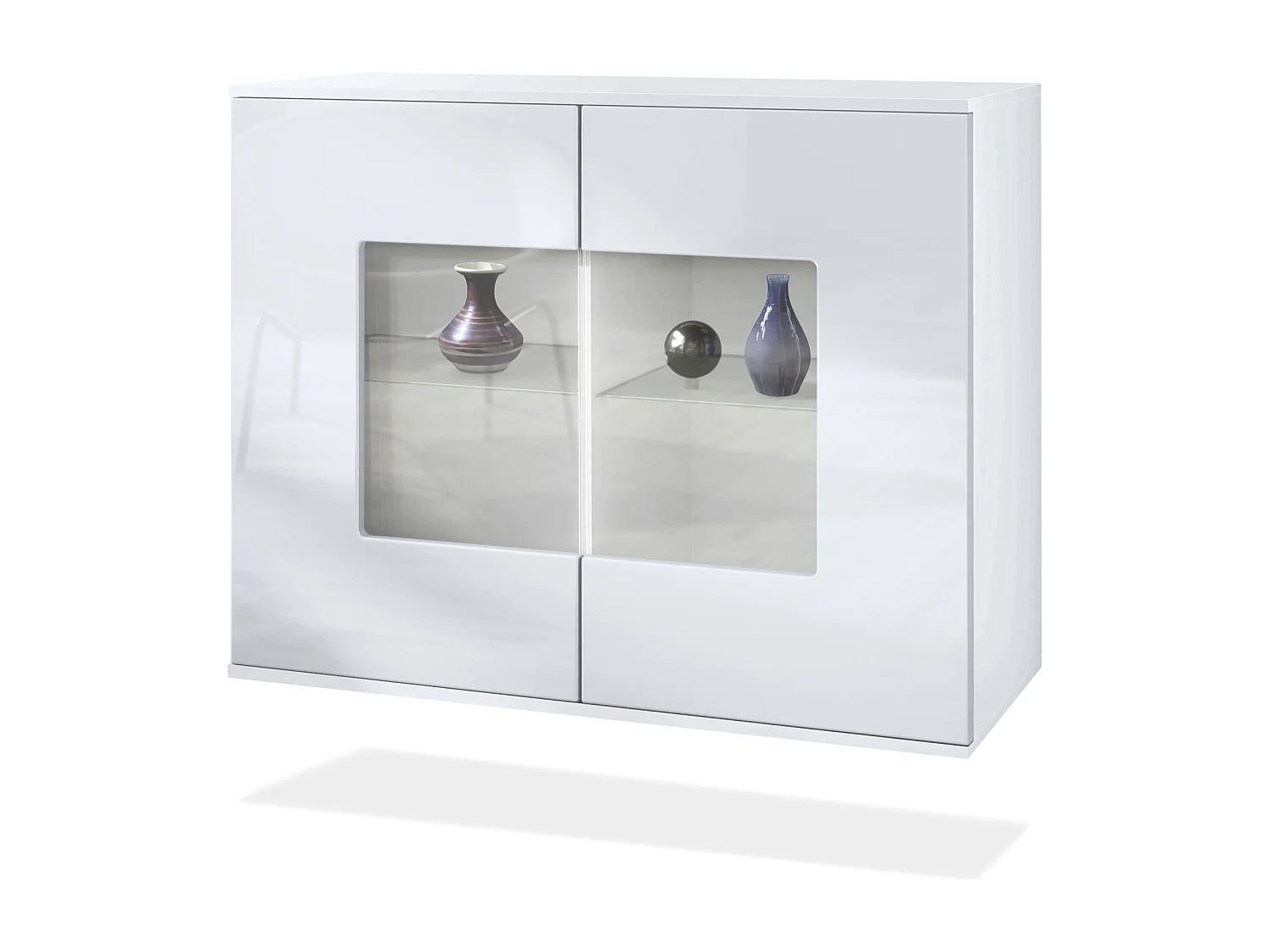 Commode Grömitz V3, Armoire de cuisine moderne avec 2 grandes portes vitrées blanc mat / blanc haute brillance (92,5 x 73.5 x 35)