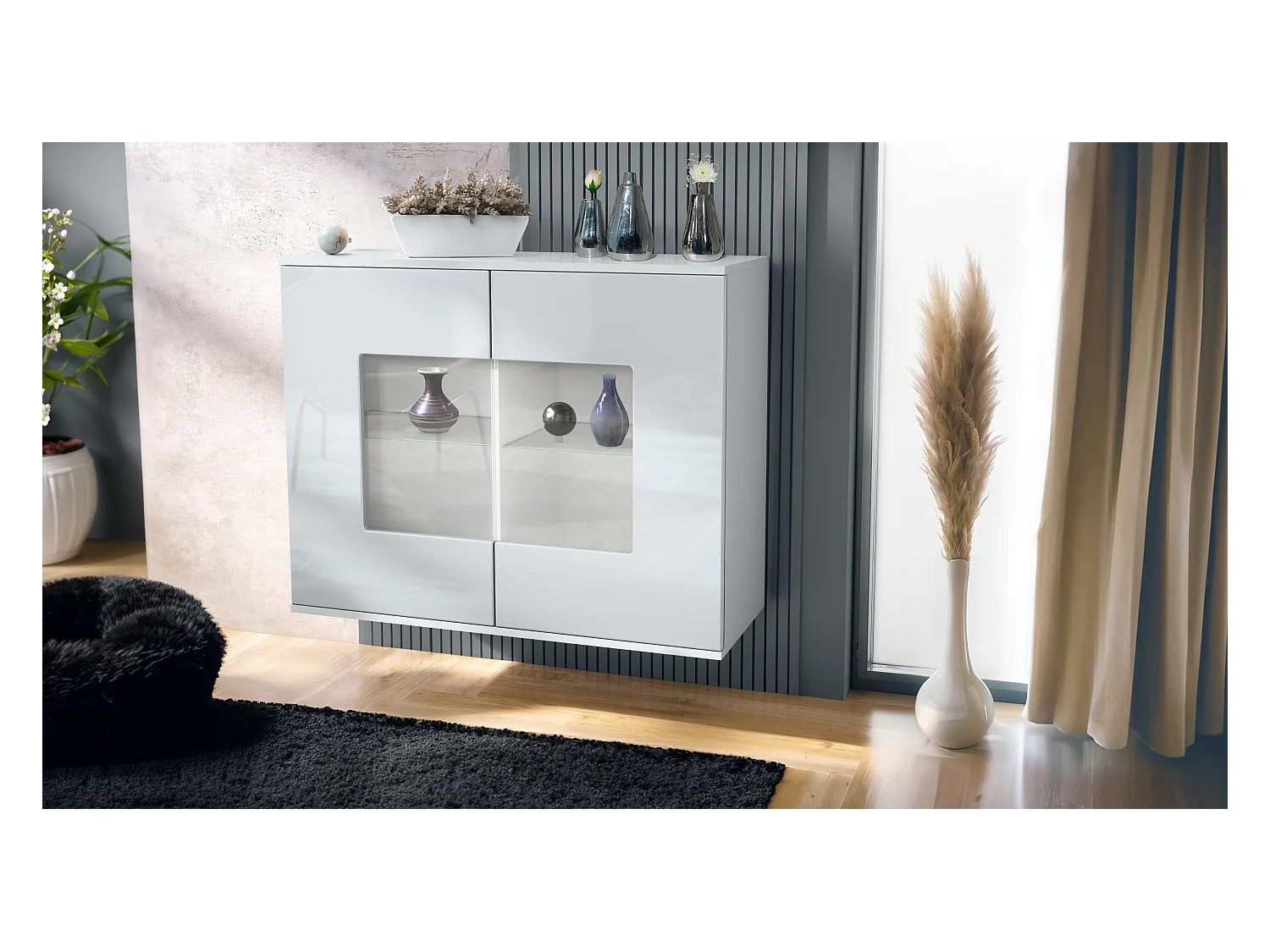 Commode Grömitz V3, Armoire de cuisine moderne avec 2 grandes portes vitrées blanc mat / blanc haute brillance (92,5 x 73.5 x 35)