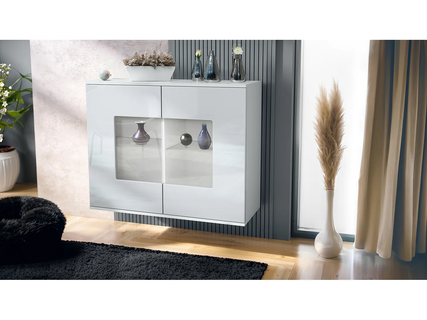 Cassettiera Grömitz V3, Mobile da cucina moderno con 2 grandi ante in vetro bianco opaco / bianco lucido (92,5 x 73.5 x 35)