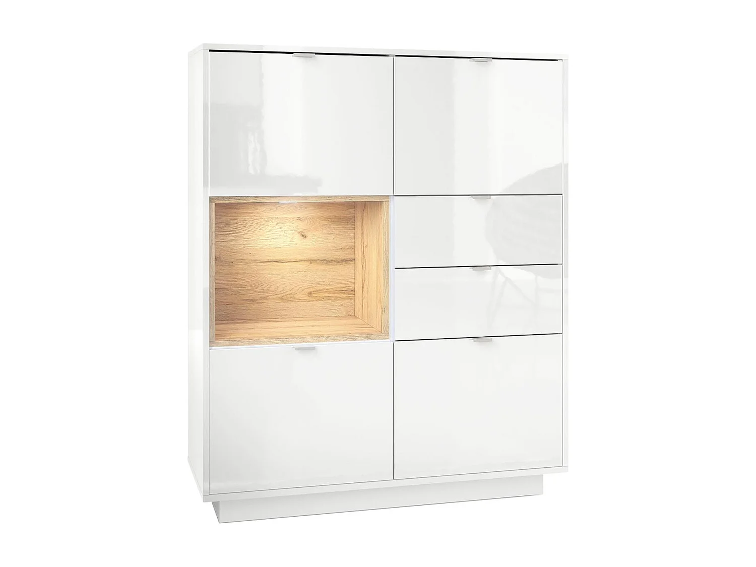 Buffet haut Armoire Metro, Corps en Blanc haute brillance / Façades en Blanc haute brillance avec une insertion en Chêne Nature, incl. L'éclairage LED