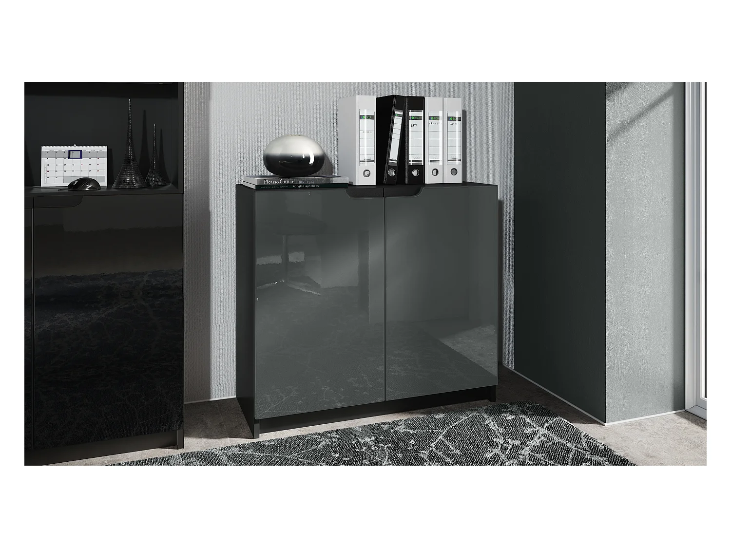 Buffet Logan, Commode avec 2 portes, noir mat/gris haute brillance (82 x 78 x 37 cm)