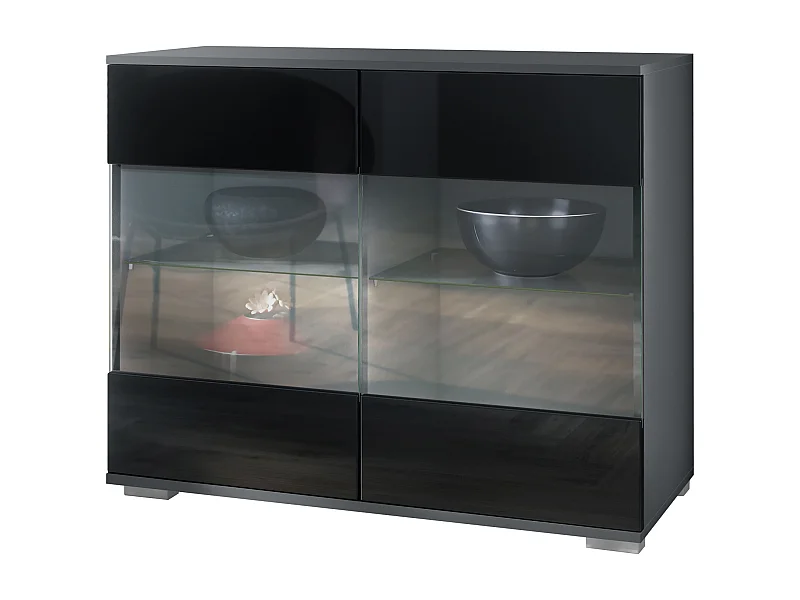 Commode Bari V3, Armoire de cuisine moderne avec 2 grandes portes vitrées anthracite mat / noir haute brillance (92,5 x 75.5 x 35)