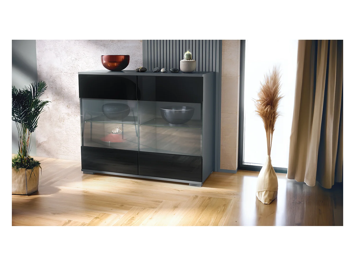 Commode Bari V3, Armoire de cuisine moderne avec 2 grandes portes vitrées anthracite mat / noir haute brillance (92,5 x 75.5 x 35)