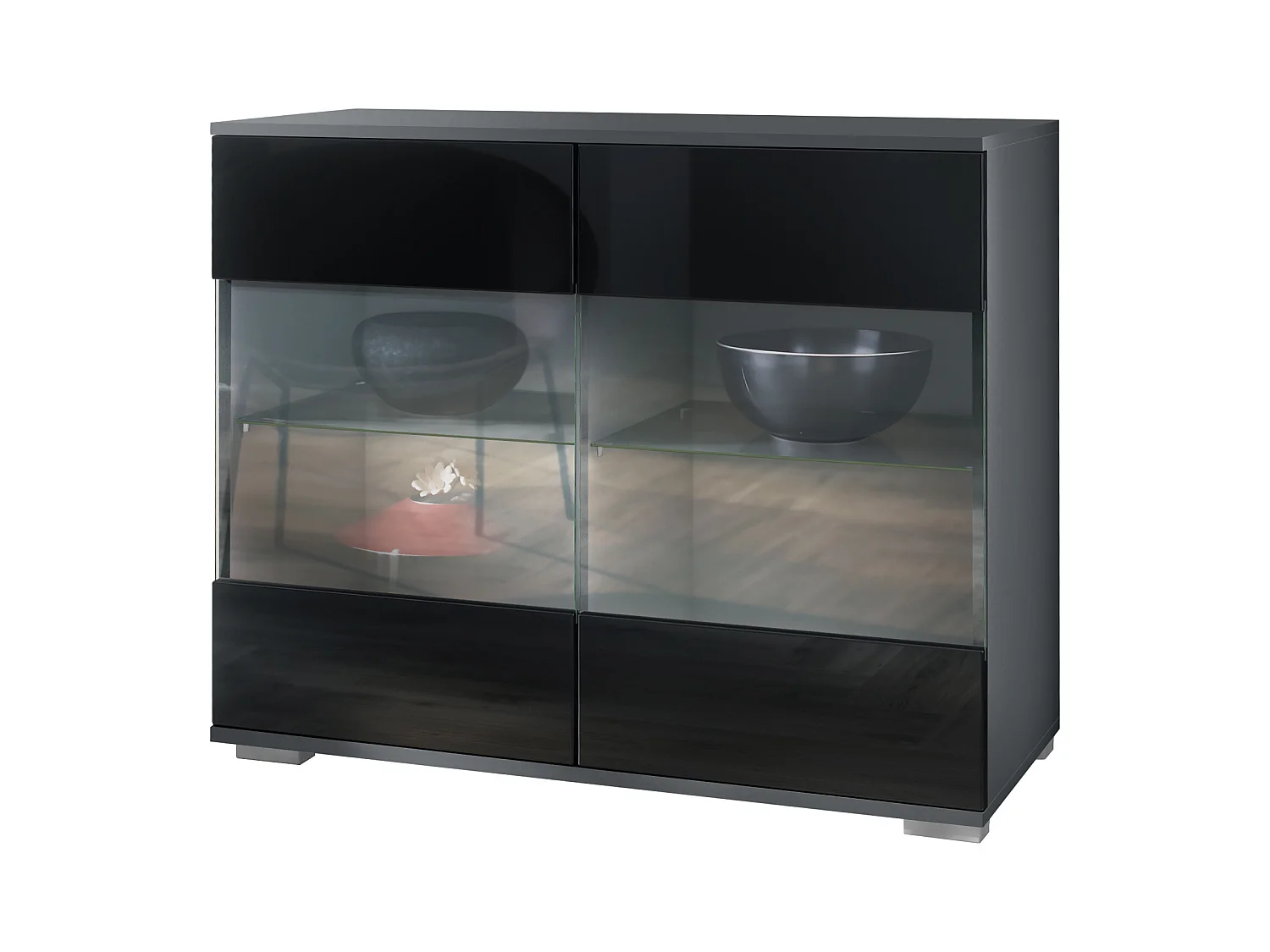 Commode Bari V3, Armoire de cuisine moderne avec 2 grandes portes vitrées anthracite mat / noir haute brillance (92,5 x 75.5 x 35)