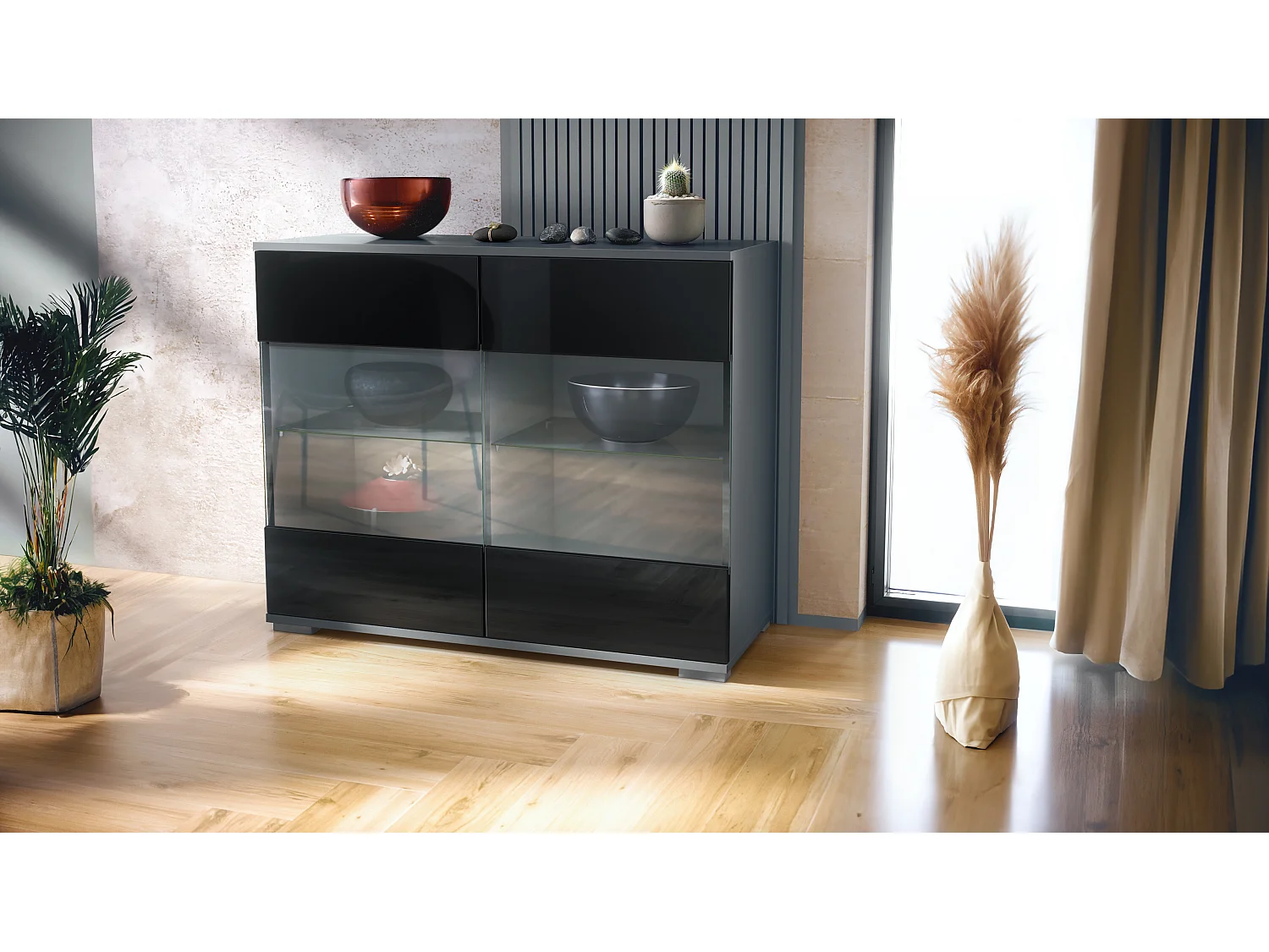 Cassettiera Bari V3, Mobile da cucina moderno con 2 grandi ante in vetro antracite opaco  / nero lucido (92,5 x 75.5 x 35)