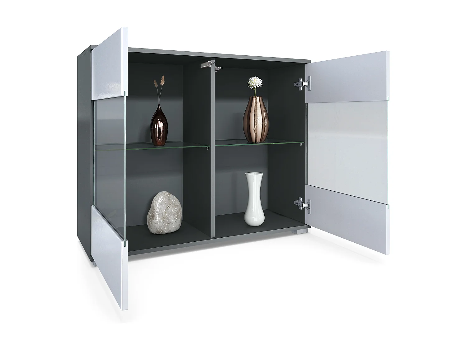 Cassettiera Bari V3, Mobile da cucina moderno con 2 grandi ante in vetro antracite opaco  / nero lucido (92,5 x 75.5 x 35)