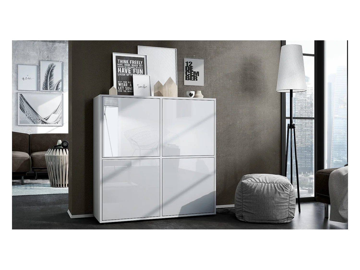 Highboard Cuba V2 Placard 104 x 105,5 x 35,5 cm Buffet à 8 compartiments, caisson en blanc mat / façades en Blanc laqué haute brillance