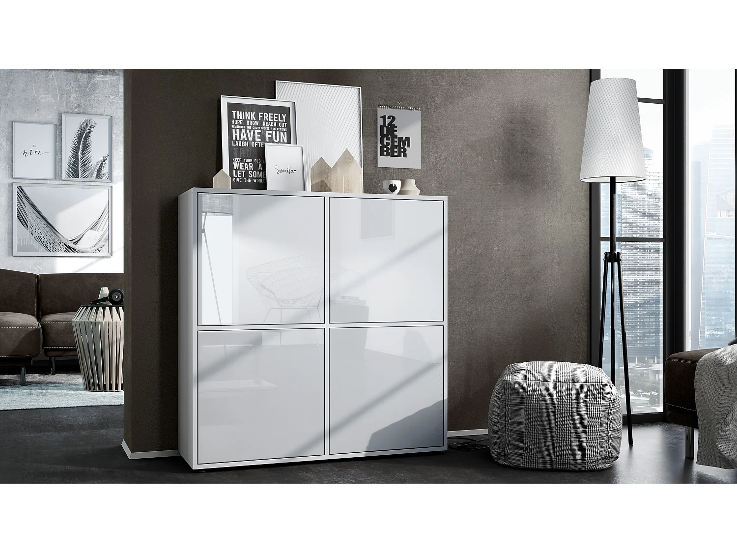 Credenza Cuba V2 Credenza 104 x 105,5 x 35,5 cm Credenza con 8 ripiani, Struttura in bianco opaco / Ante in bianco lucido
