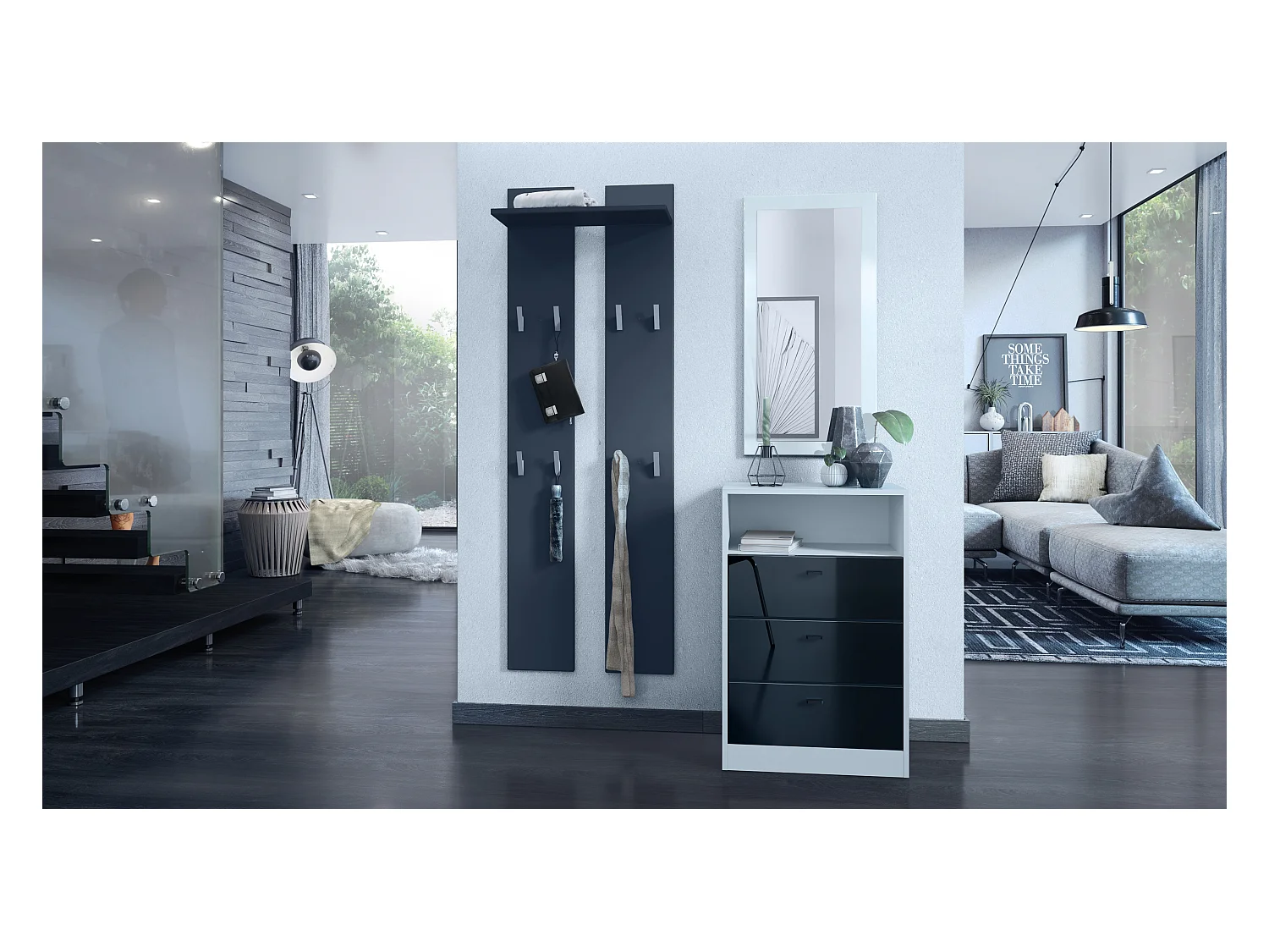 Ensemble de vestiaires Pino V2, 2 Panneaux muraux 140 cm et buffet avec 2 tiroirs & 1 compartiment ouvert, blanc mat/noir haute brillance (56 x 67,5 x 36 cm)