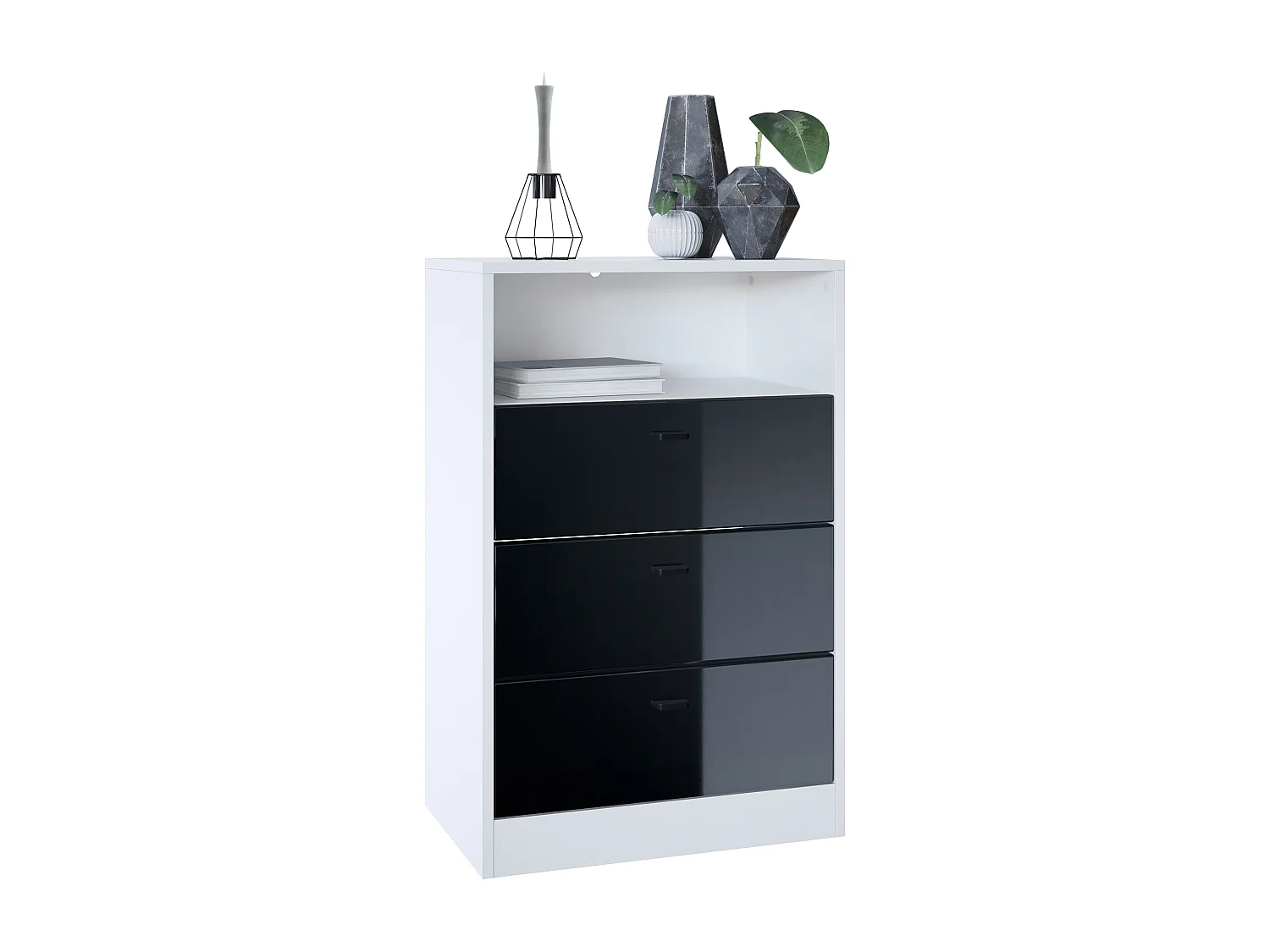 Ensemble de vestiaires Pino V2, 2 Panneaux muraux 140 cm et buffet avec 2 tiroirs & 1 compartiment ouvert, blanc mat/noir haute brillance (56 x 67,5 x 36 cm)