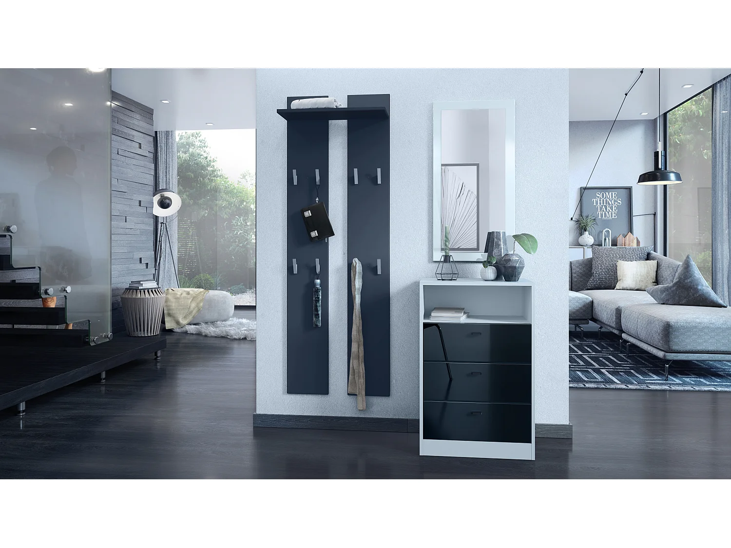 Ensemble de vestiaires Pino V2, 2 Panneaux muraux 140 cm et buffet avec 2 tiroirs & 1 compartiment ouvert, blanc mat/noir haute brillance (56 x 67,5 x 36 cm)