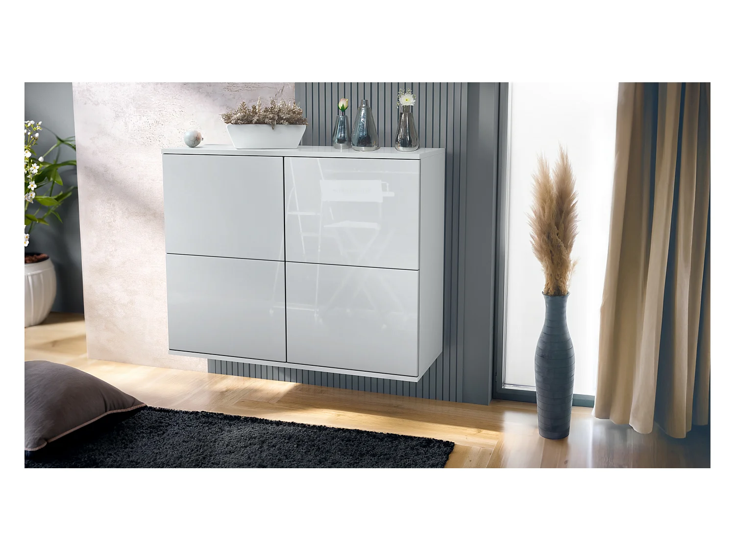 Aparador Rova V3 – Armario de cocina moderno con 4 puertas Push-to-Open blanco mate / blanco de alto brillo (92,5 x 73.5 x 35)