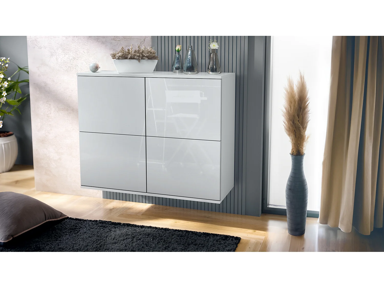 Credenza Rova V3 – Mobile da cucina moderno con 4 ante Push-to-Open bianco opaco / bianco lucido (92,5 x 73.5 x 35)