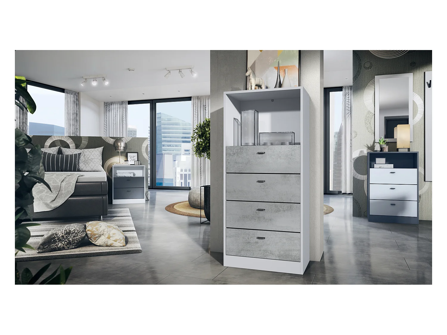 Commode Buffet Pino V3, avec 4 tiroirs & 1 compartiment ouvert, Anthracite mat/Aspect Béton Oxyde sans LED (56 x 125 x 36 cm)