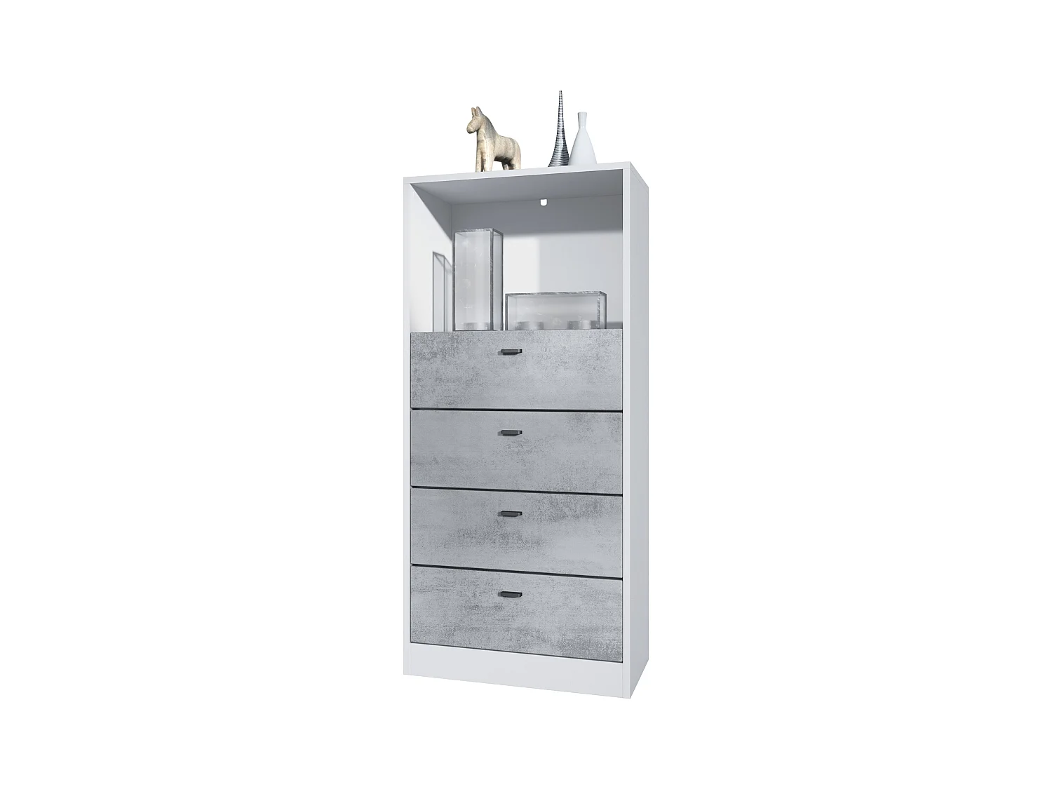 Commode Buffet Pino V3, avec 4 tiroirs & 1 compartiment ouvert, Anthracite mat/Aspect Béton Oxyde sans LED (56 x 125 x 36 cm)