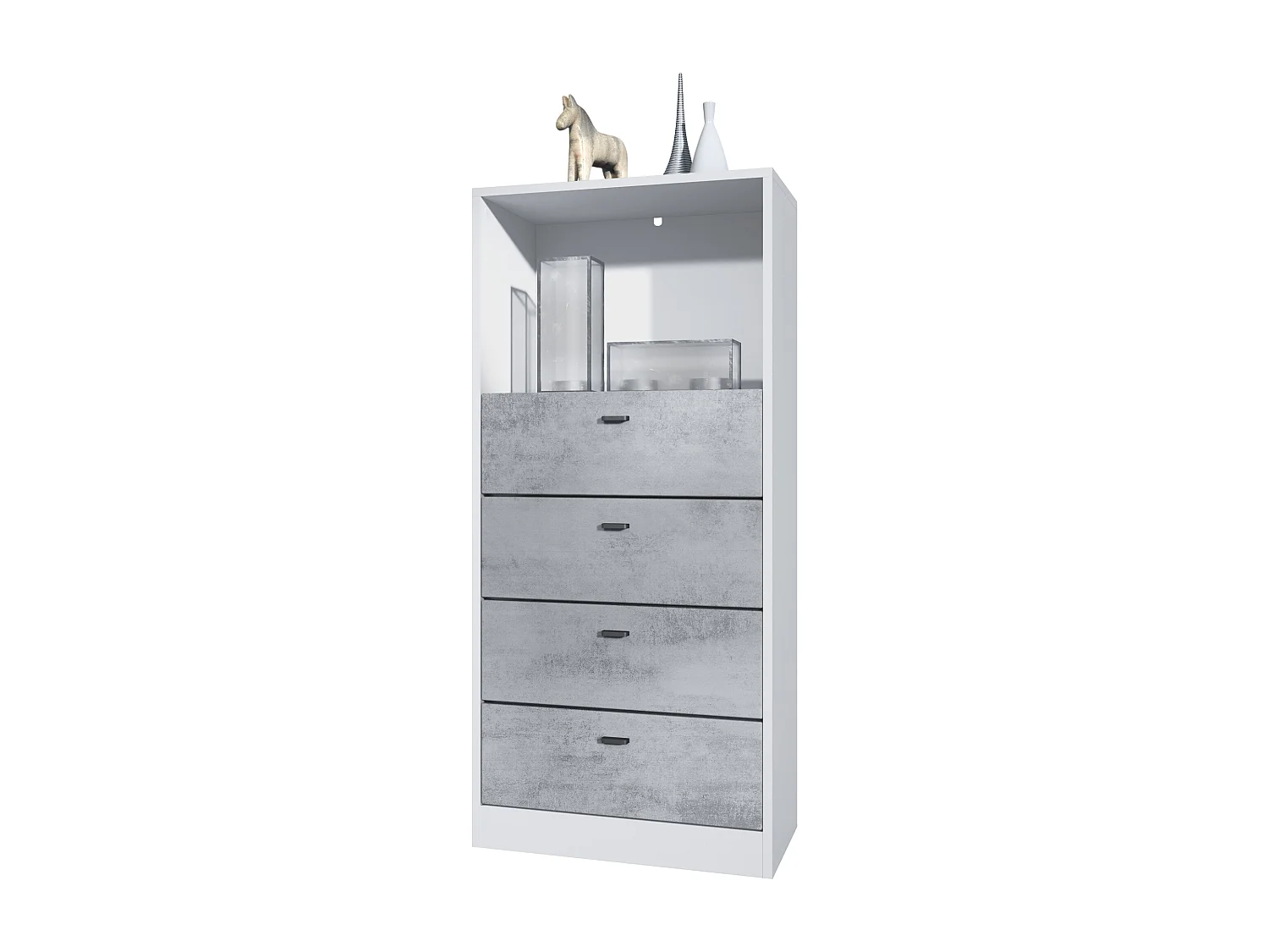 Cassettiera Pino V3, Credenza con 4 cassetti e 1 vano a giorno, Bianco opaco/Ossido di cemento senza LED (56 x 125 x 36 cm)