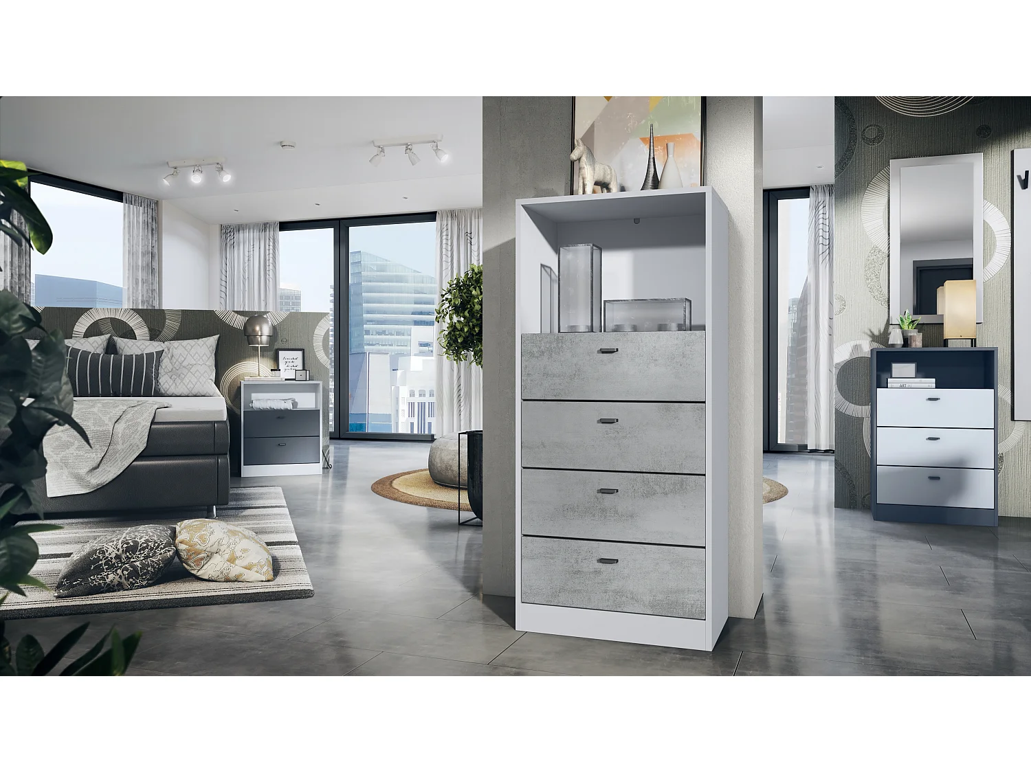 Cassettiera Pino V3, Credenza con 4 cassetti e 1 vano a giorno, Bianco opaco/Ossido di cemento senza LED (56 x 125 x 36 cm)