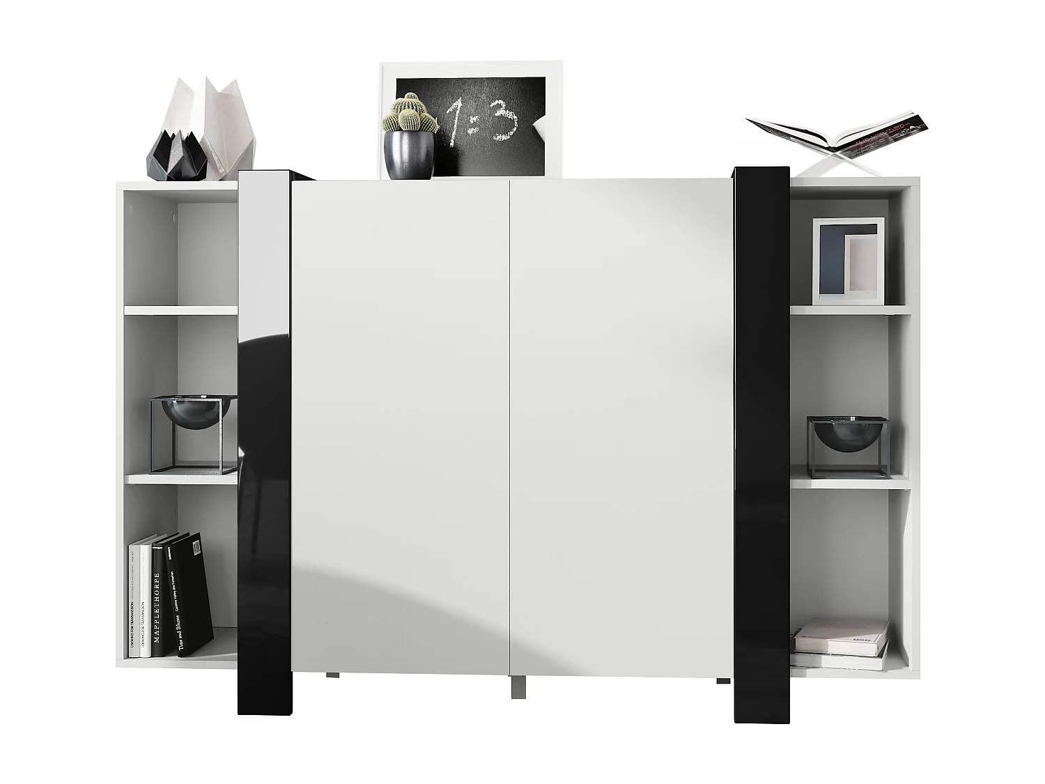 meuble haut Ida V2, Buffet avec 12 compartiments, caisson en blanc mat, bandeaux en noir haute brillance, (149 x 101 x 34 cm) | Grand choix de couleurs