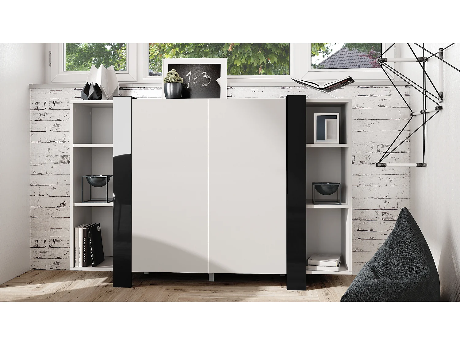 meuble haut Ida V2, Buffet avec 12 compartiments, caisson en blanc mat, bandeaux en noir haute brillance, (149 x 101 x 34 cm) | Grand choix de couleurs