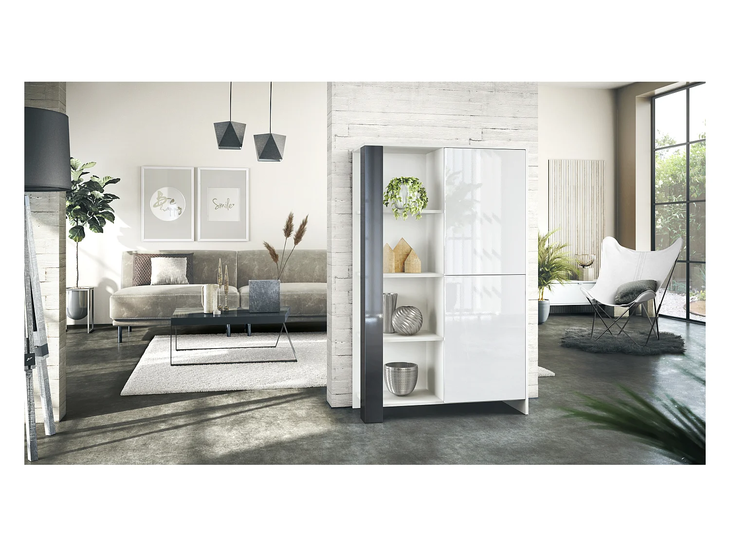 Buffet Haut Canto, meuble haut avec 2 portes et 8 compartiments, corps blanc mat, façades blanc brillant, panneaux décoratifs noir brillant (95 x 151,5 x 36 cm)