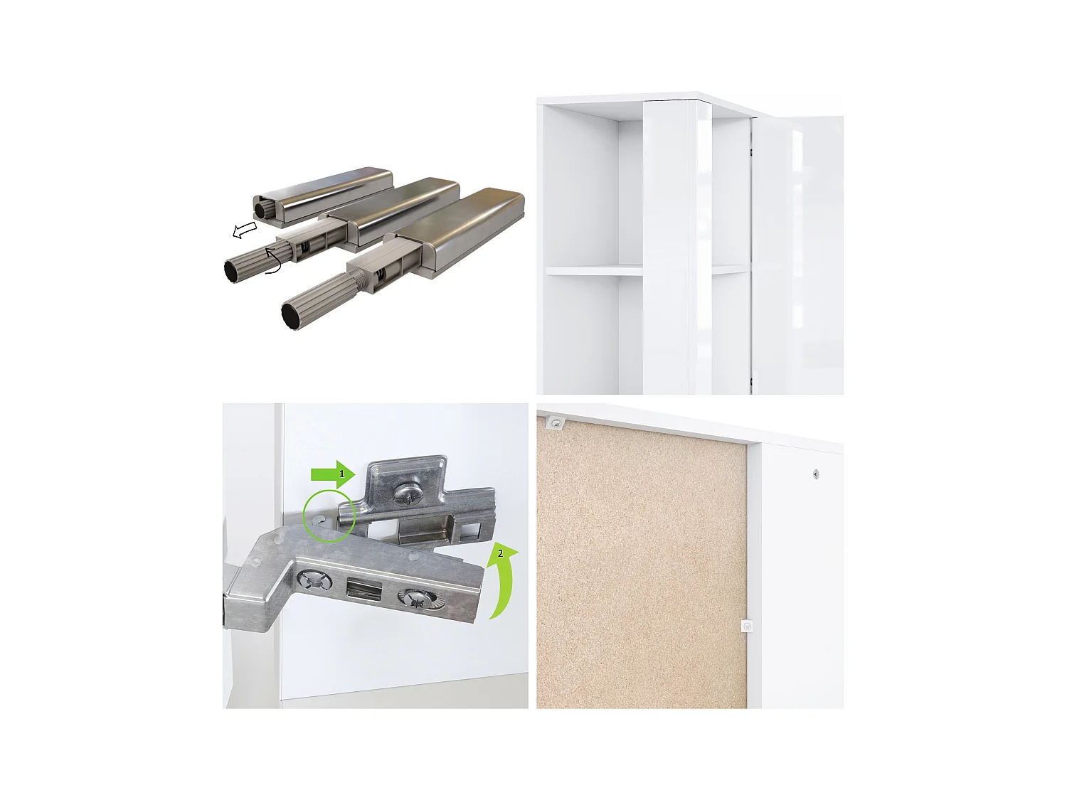 Buffet Haut Canto, meuble haut avec 2 portes et 8 compartiments, corps blanc mat, façades blanc brillant, panneaux décoratifs noir brillant (95 x 151,5 x 36 cm)