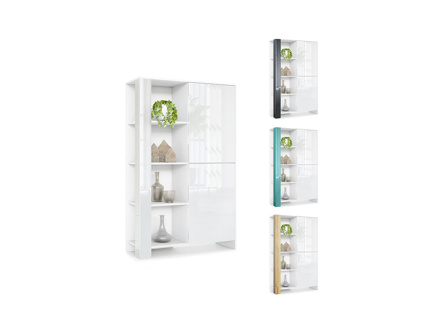 Buffet Haut Canto, meuble haut avec 2 portes et 8 compartiments, corps blanc mat, façades blanc brillant, panneaux décoratifs noir brillant (95 x 151,5 x 36 cm)