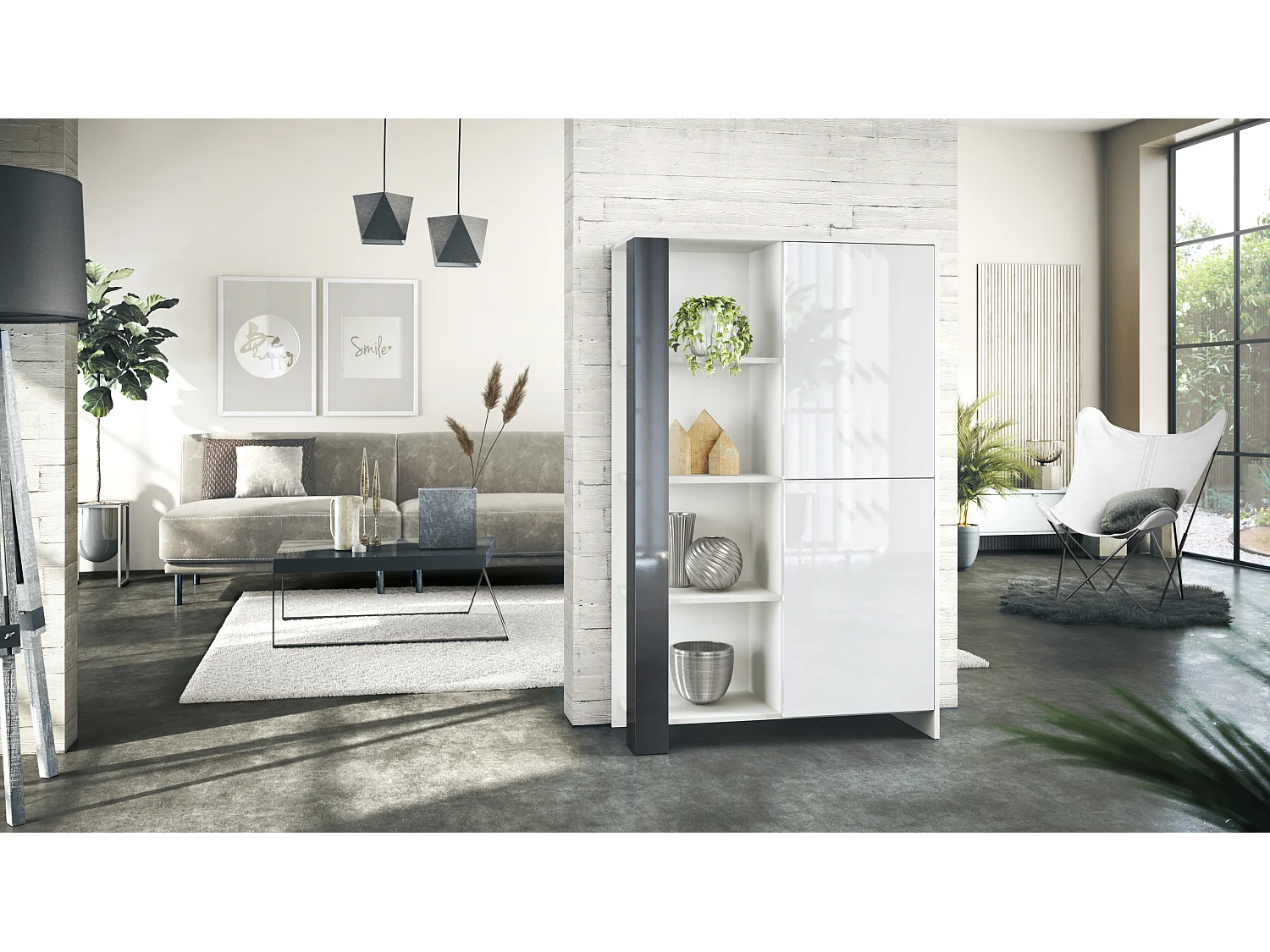 Credenza Canto, credenza alta a 2 ante e 8 scomparti, mobile bianco opaco, frontali bianchi lucidi, pannelli decorativi nero lucido (95 x 151,5 x 36 cm)