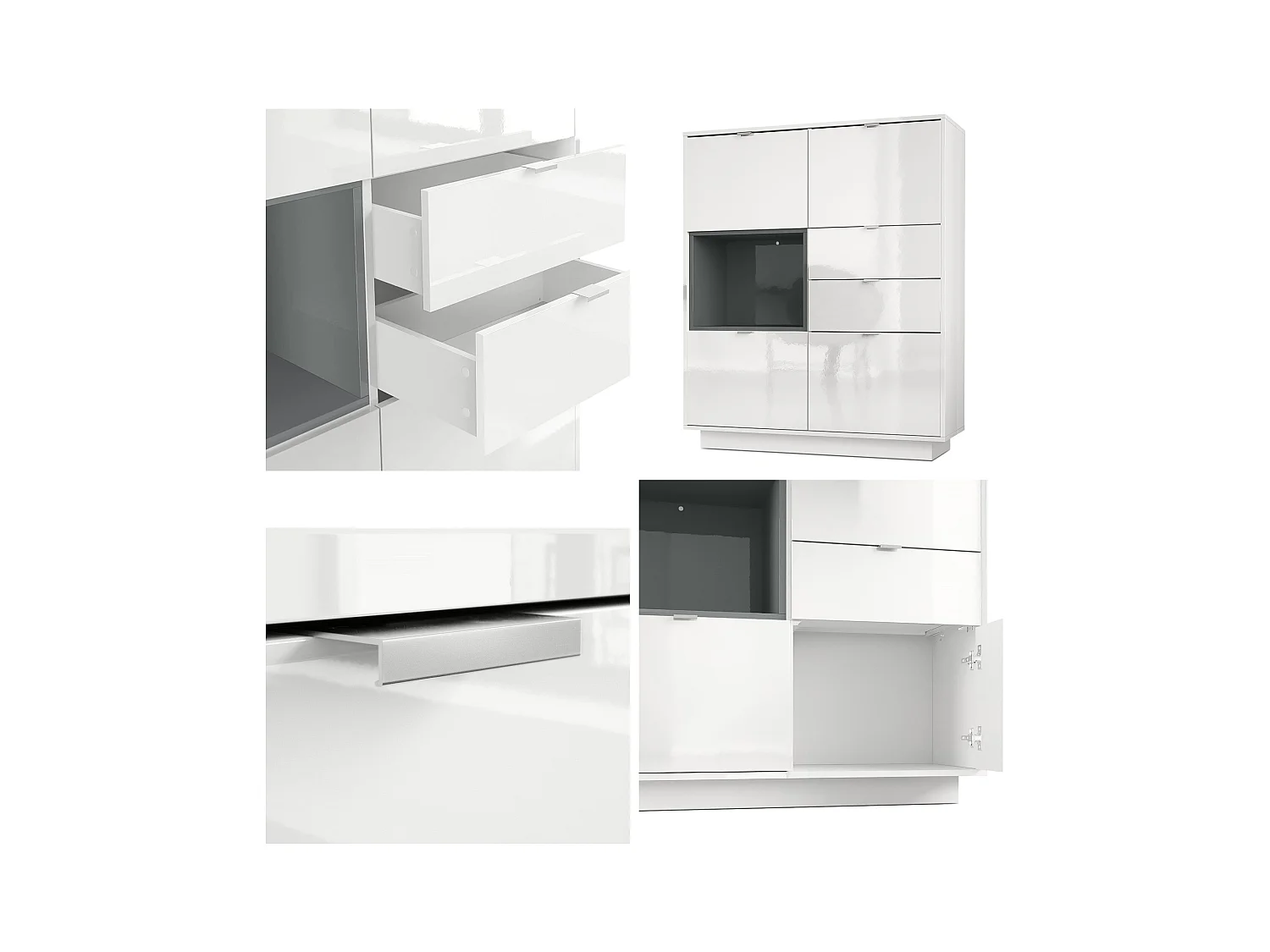 Buffet haut Armoire Metro, Corps en Blanc haute brillance / Façades en Blanc haute brillance avec une insertion en Aspect Béton Oxyde