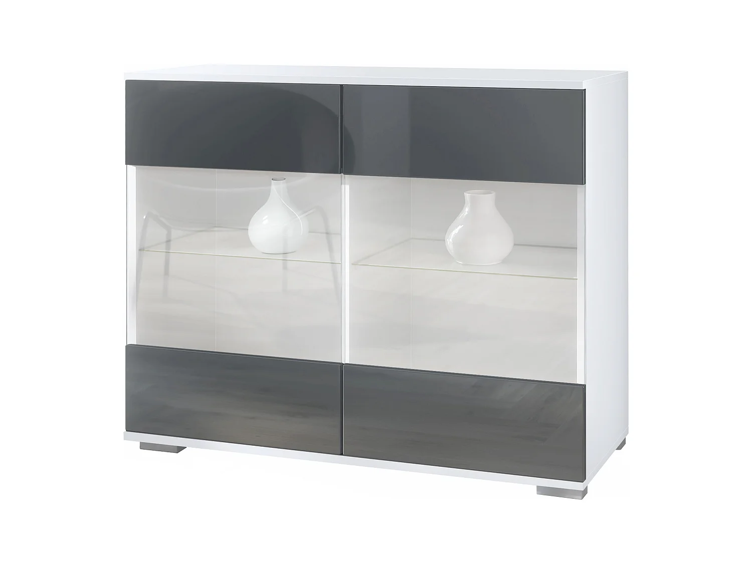 Commode Bari V3, Armoire de cuisine moderne avec 2 grandes portes vitrées blanc mat / gris haute brillance (92,5 x 75.5 x 35)