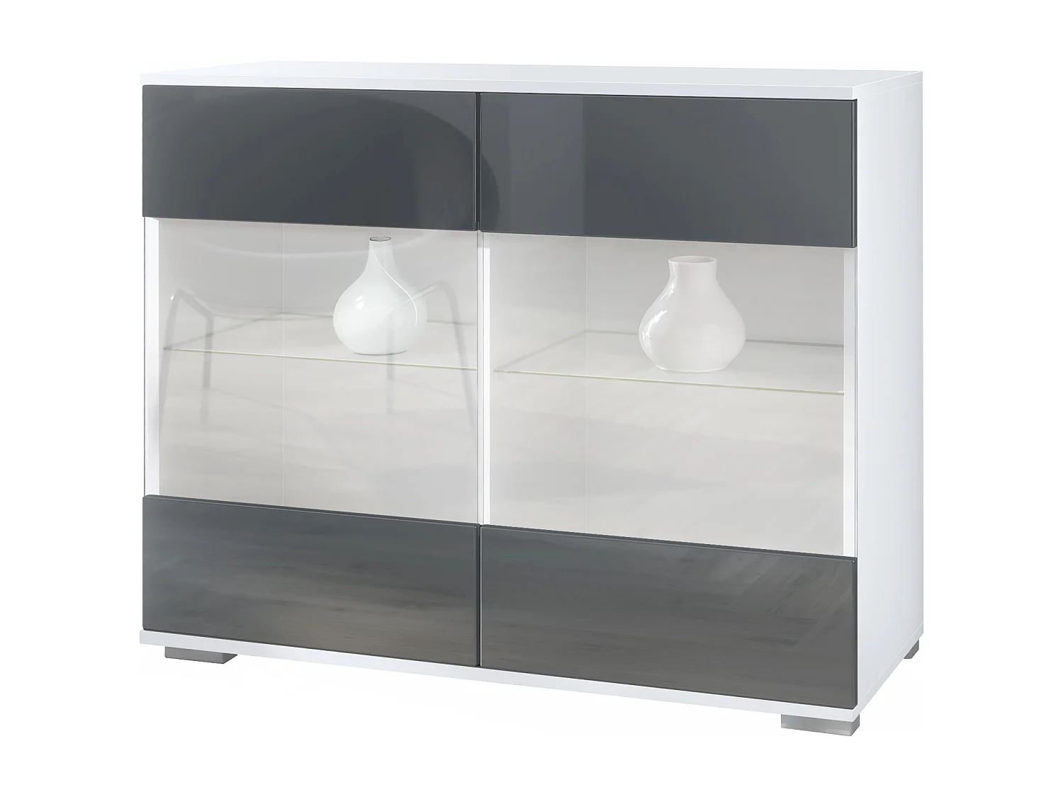 Cassettiera Bari V3, Mobile da cucina moderno con 2 grandi ante in vetro bianco opaco / grigio lucido (92,5 x 75.5 x 35)