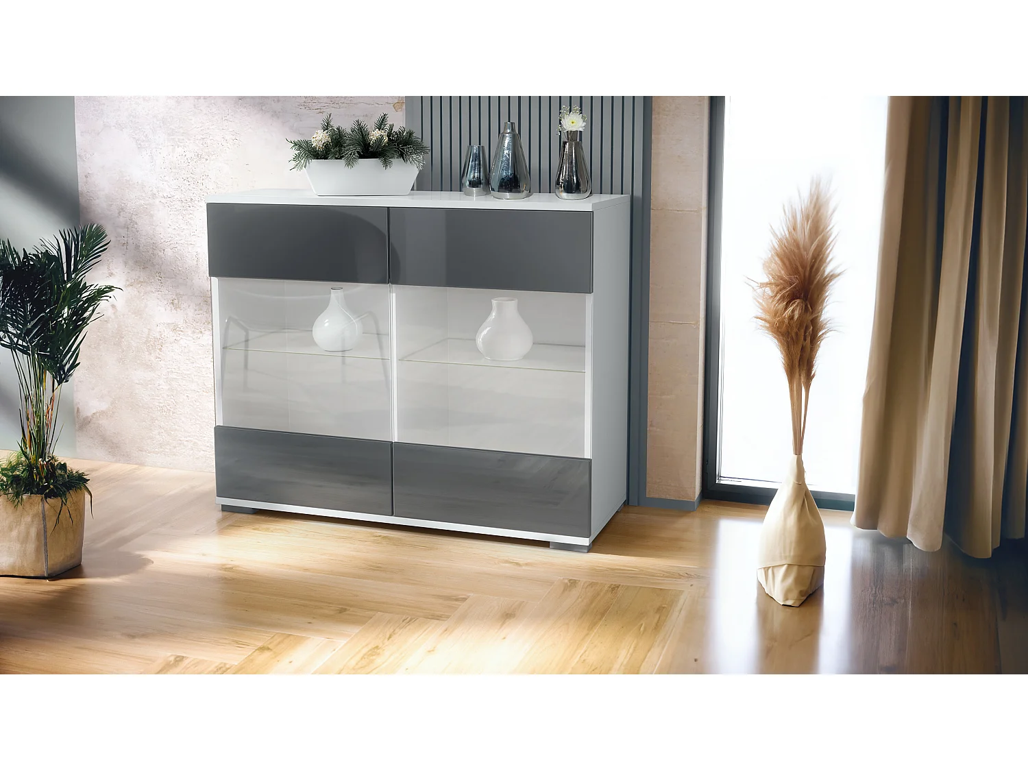 Cassettiera Bari V3, Mobile da cucina moderno con 2 grandi ante in vetro bianco opaco / grigio lucido (92,5 x 75.5 x 35)