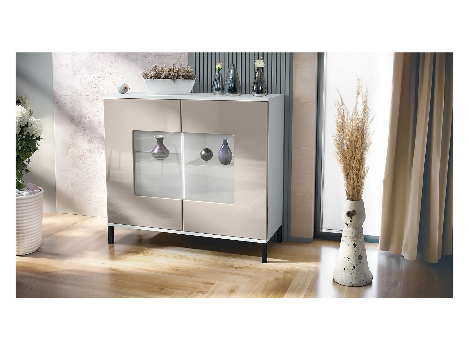 Commode Grömitz V3, Armoire de cuisine moderne avec 2 grandes portes vitrées blanc mat / gris sable haute brillance (92,5 x 83.5 x 35)