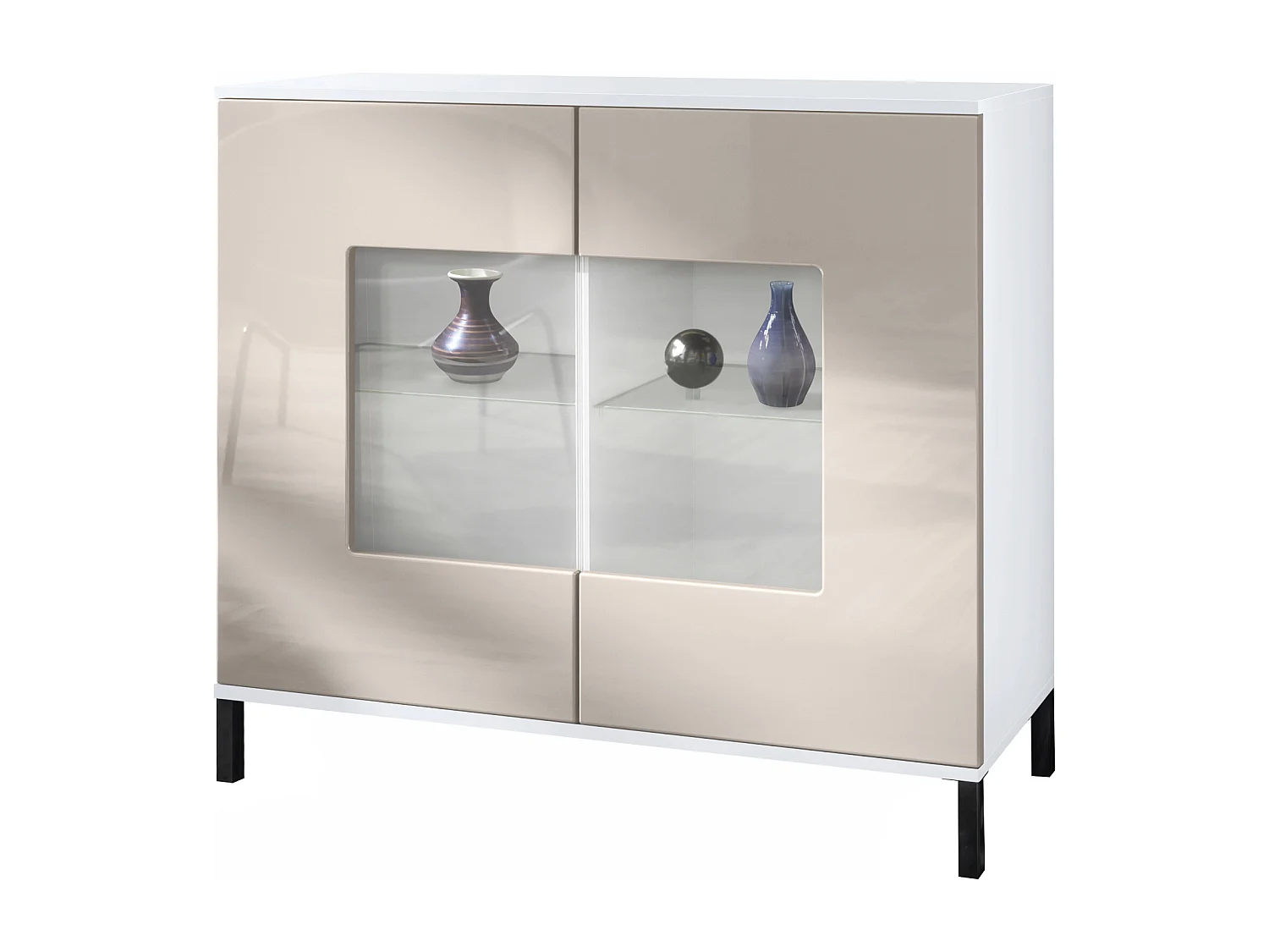 Commode Grömitz V3, Armoire de cuisine moderne avec 2 grandes portes vitrées blanc mat / gris sable haute brillance (92,5 x 83.5 x 35)