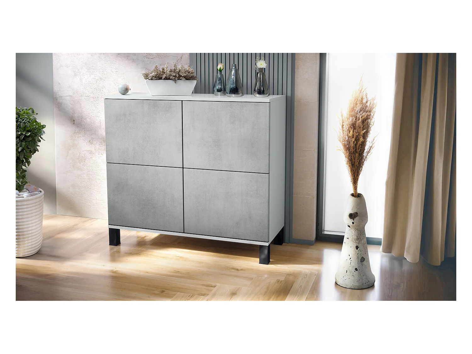 Buffet Rova V3 – Meuble de cuisine moderne avec 4 portes Push-to-Open blanc mat / aspect béton oxyde (92,5 x 84.5 x 35)