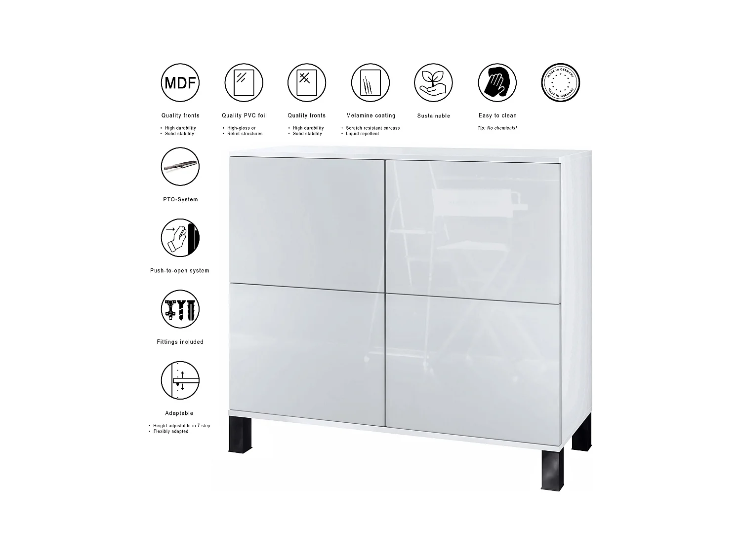 Buffet Rova V3 – Meuble de cuisine moderne avec 4 portes Push-to-Open blanc mat / aspect béton oxyde (92,5 x 84.5 x 35)