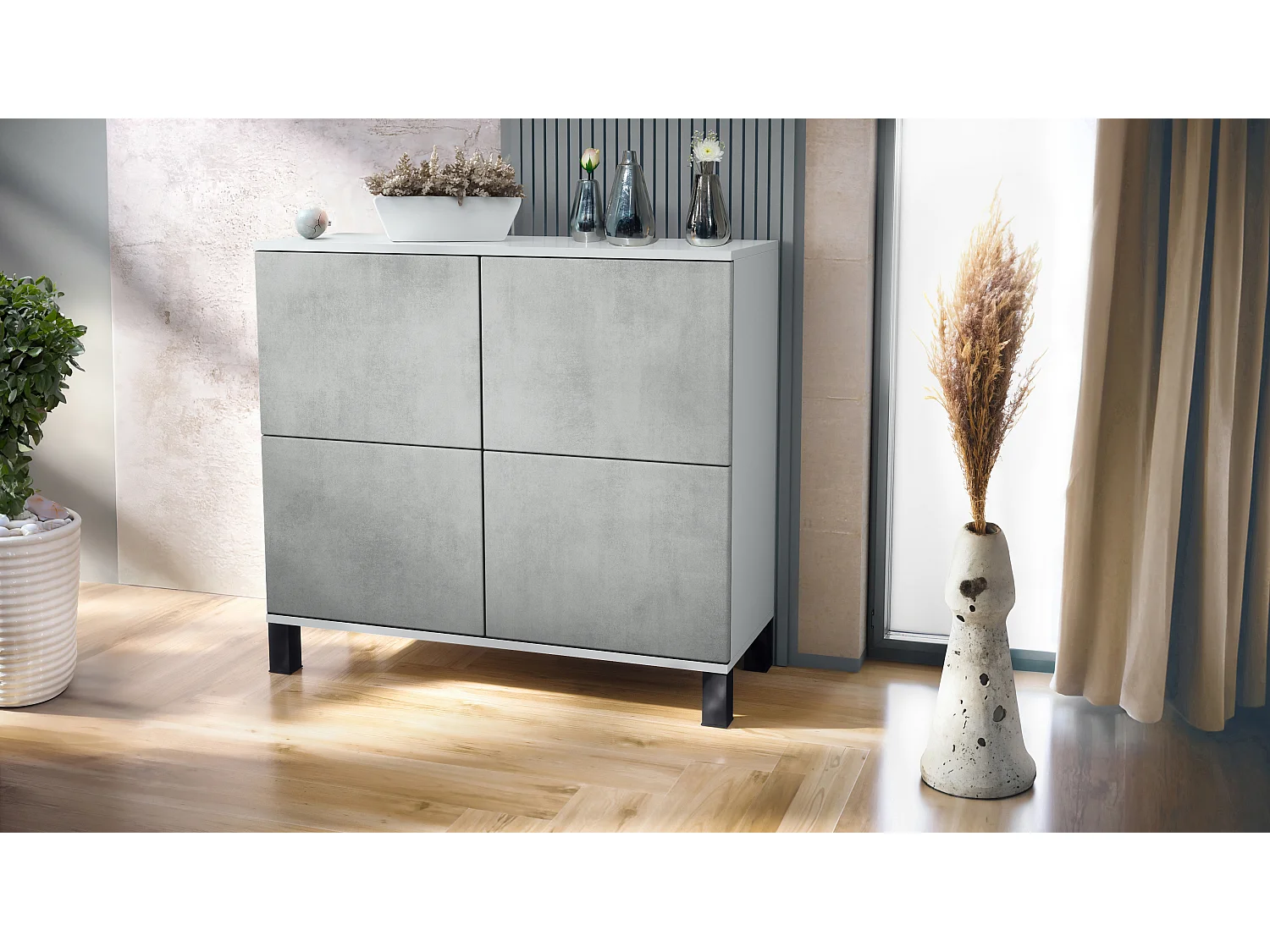 Credenza Rova V3 – Mobile da cucina moderno con 4 ante Push-to-Open bianco opaco / ottica cermento ossido (92,5 x 84.5 x 35)
