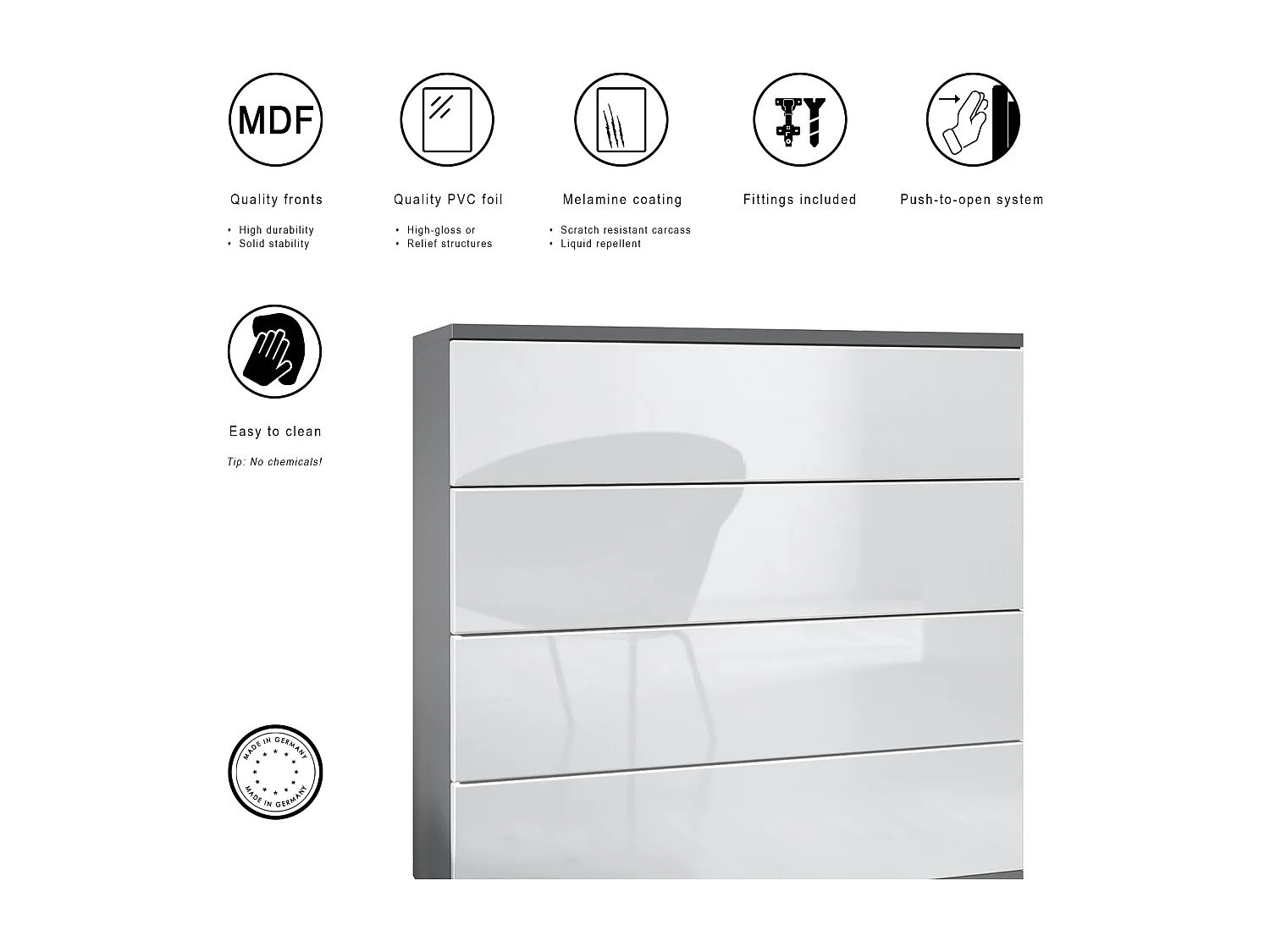 Commode  Pavos V3, Buffet avec 4 tiroirs anthracite mat/anthracite mat (76 x 76 x 35 cm)