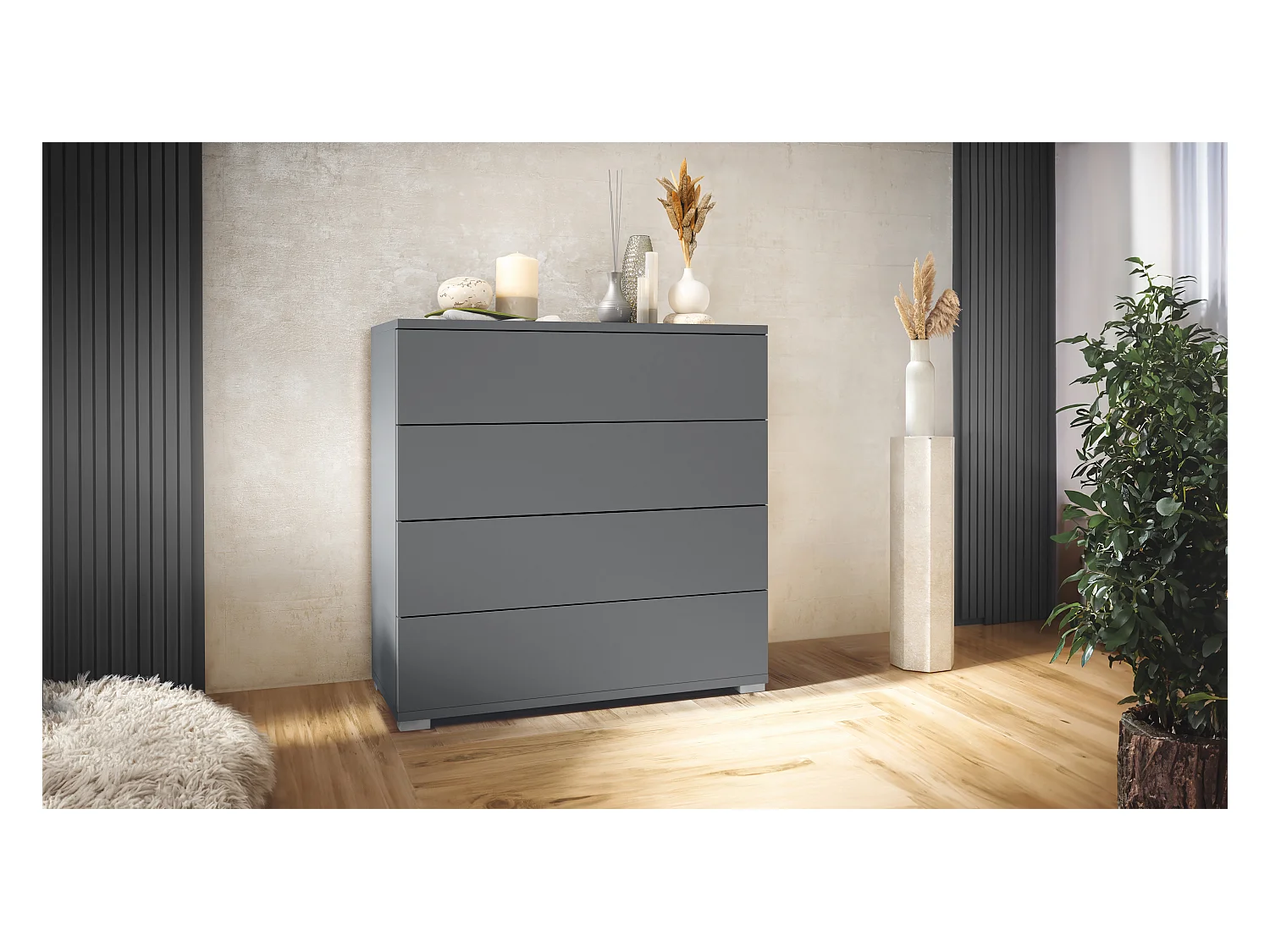 Commode  Pavos V3, Buffet avec 4 tiroirs anthracite mat/anthracite mat (76 x 76 x 35 cm)