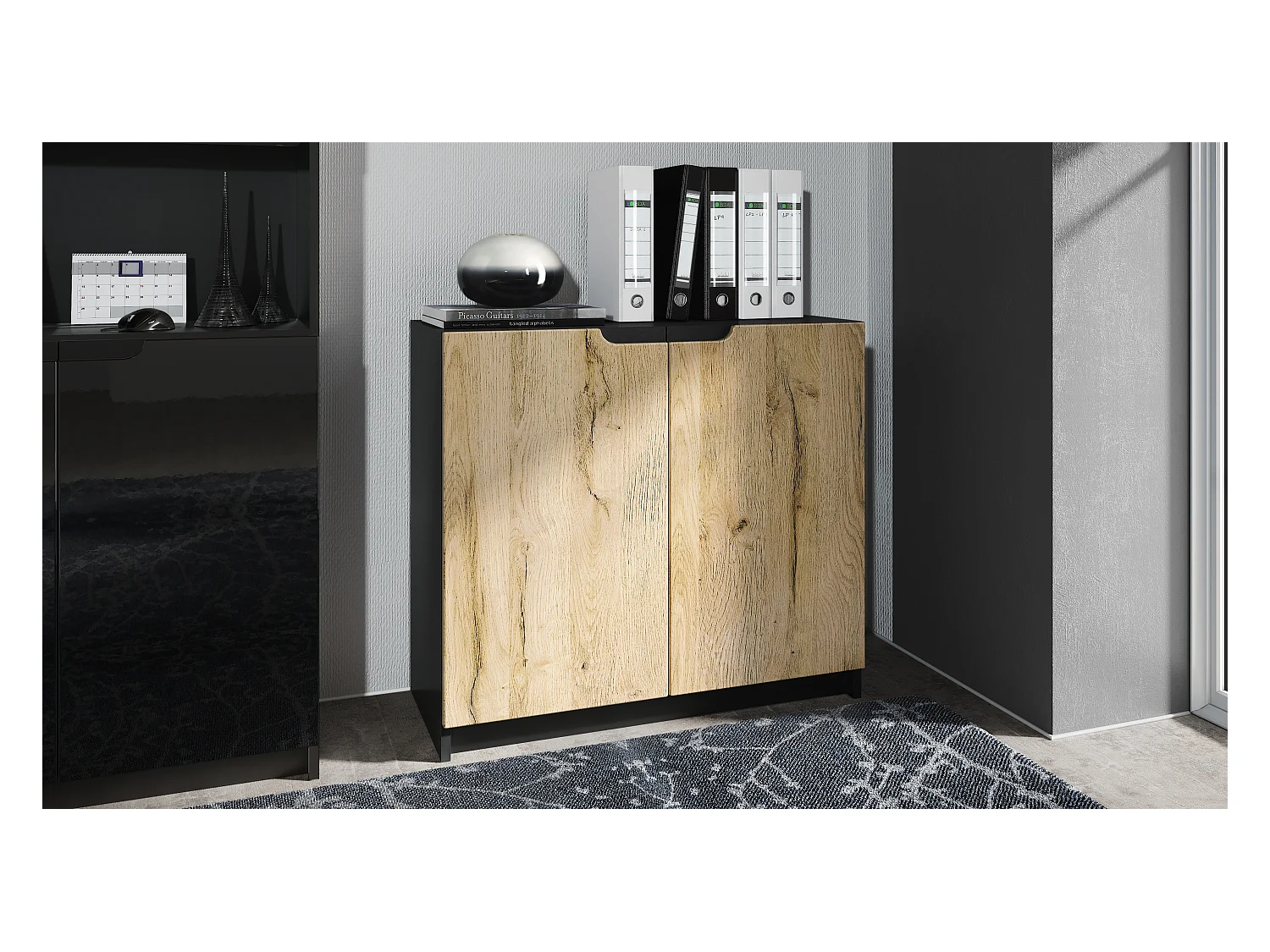 Buffet Logan, Commode avec 2 portes, noir mat/chêne nature (82 x 78 x 37 cm)