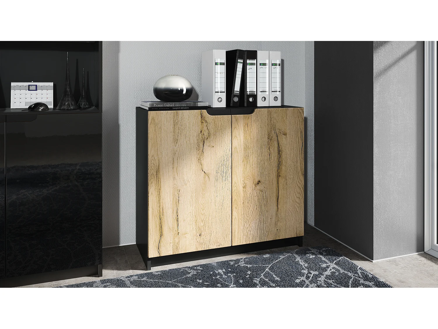 Madia Logan, mobile a 2 ante, nero opaco/rovere naturale (82 x 78 x 37 cm)