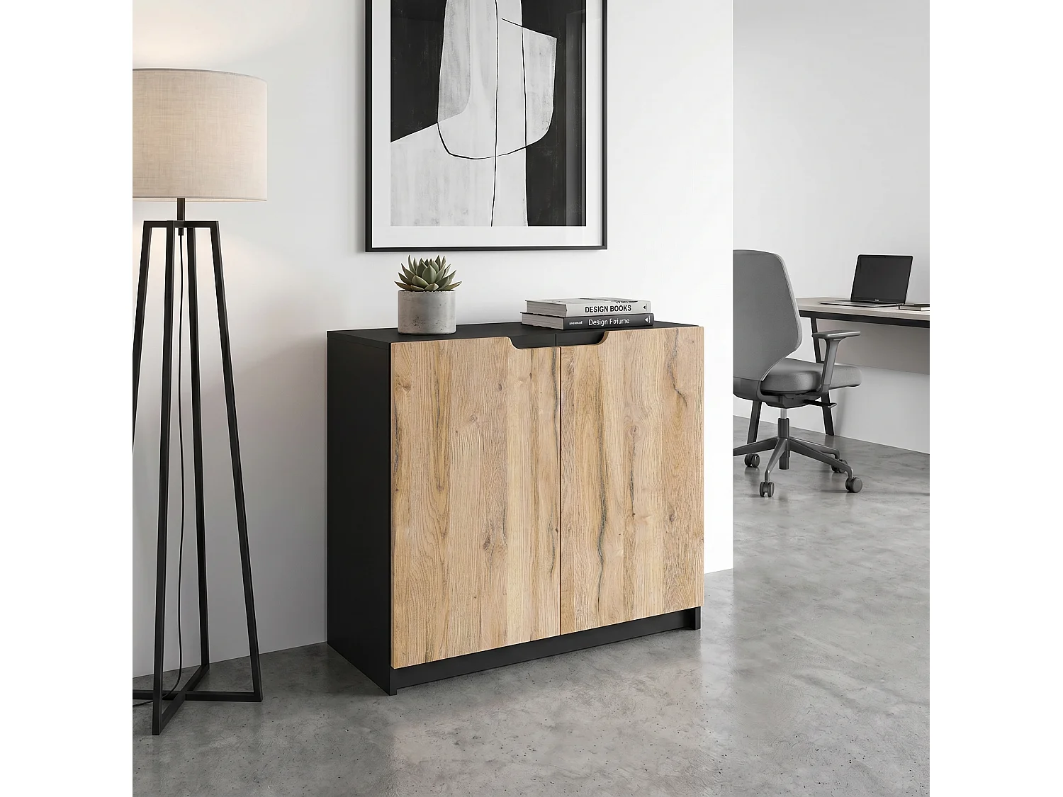 Madia Logan, mobile a 2 ante, nero opaco/rovere naturale (82 x 78 x 37 cm)