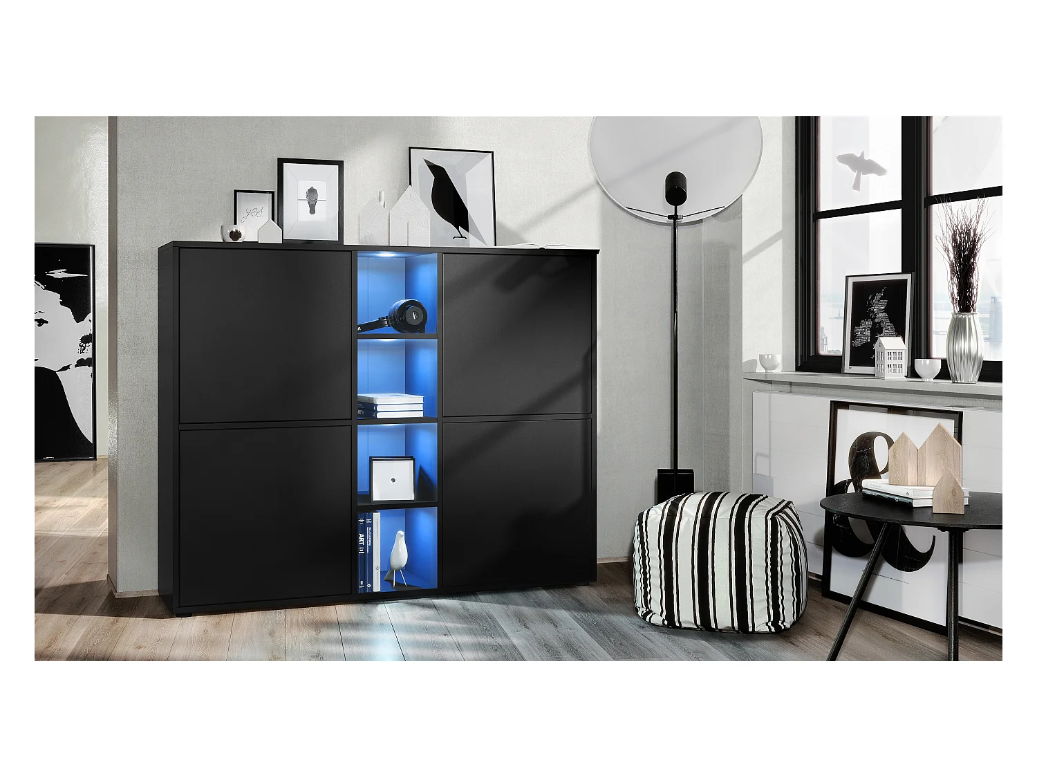 Highboard Cuba V3, noir mat/noir mat y compris LED - Buffet moderne à 12 compartiments (130,5 x 105,5 x 35,5 cm)