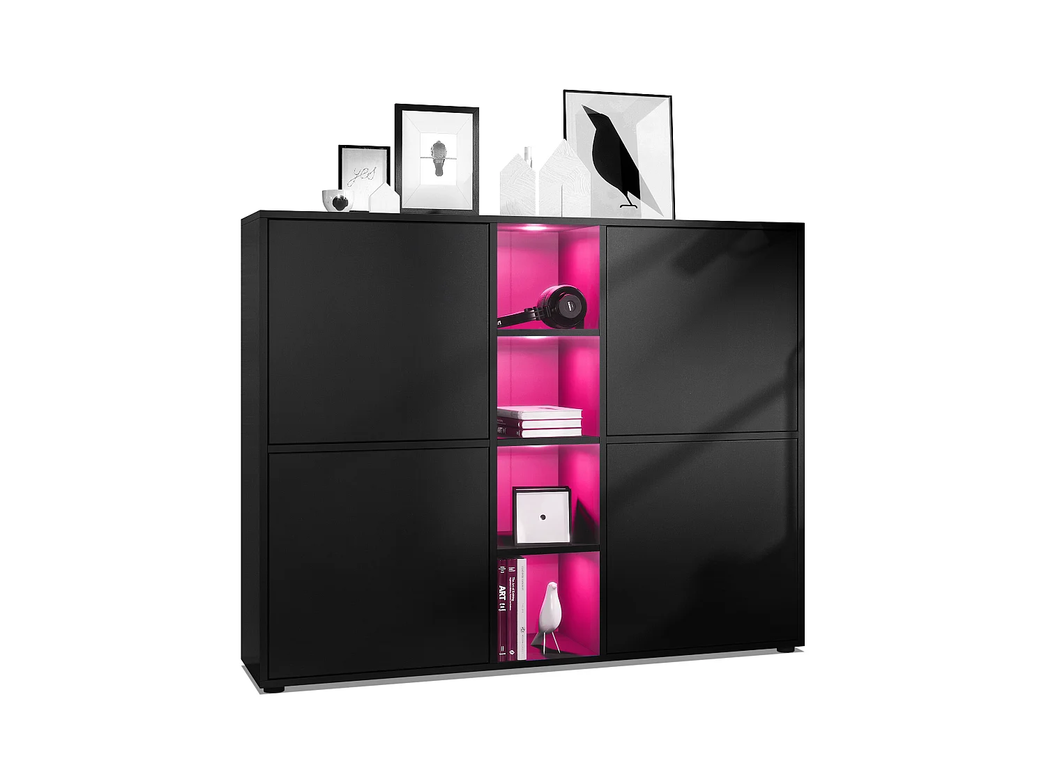 Highboard Cuba V3, noir mat/noir mat y compris LED - Buffet moderne à 12 compartiments (130,5 x 105,5 x 35,5 cm)