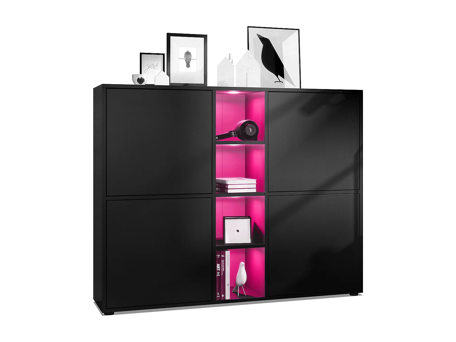 Highboard Cuba V3, noir mat/noir mat y compris LED - Buffet moderne à 12 compartiments (130,5 x 105,5 x 35,5 cm)
