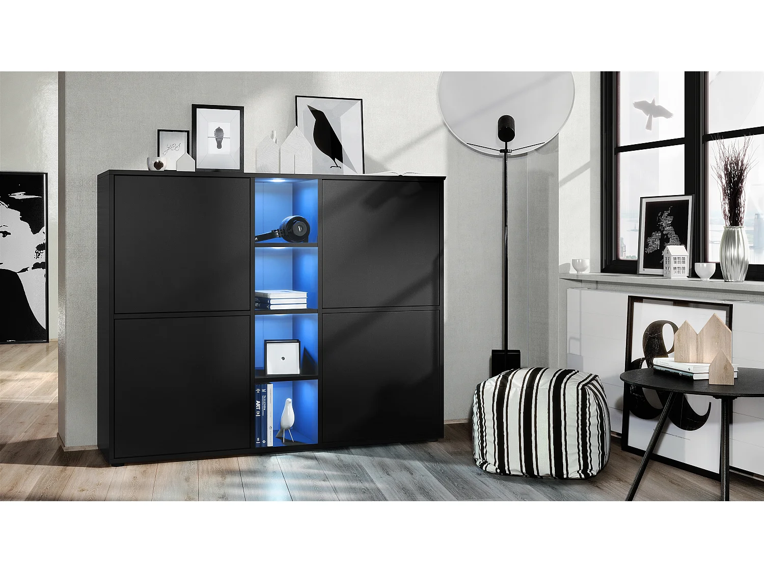 Highboard Cuba V3, noir mat/noir mat y compris LED - Buffet moderne à 12 compartiments (130,5 x 105,5 x 35,5 cm)