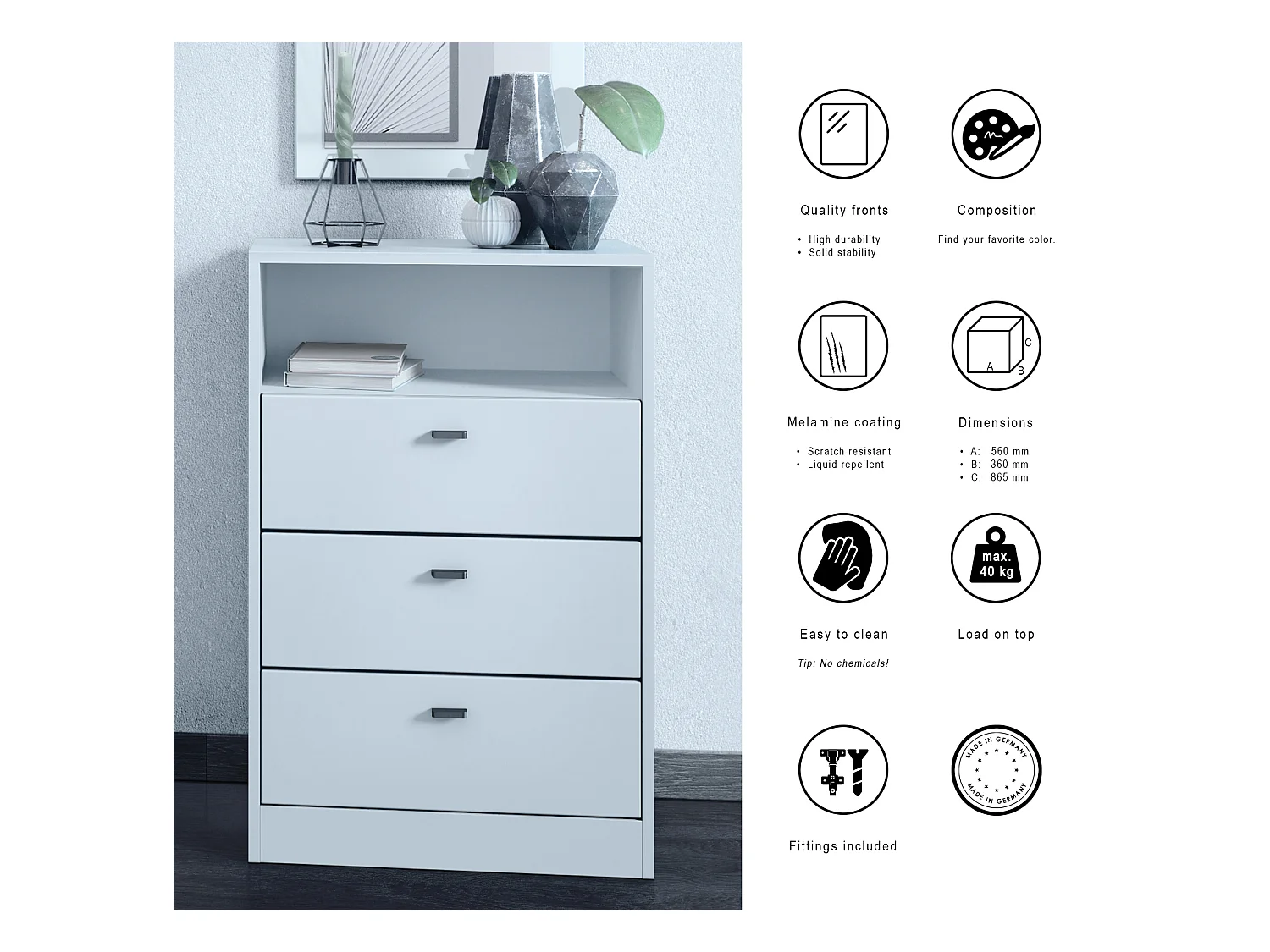 Ensemble de vestiaires Pino V2, 2 Panneaux muraux 140 cm et buffet avec 2 tiroirs & 1 compartiment ouvert, blanc mat/anthracite mat (56 x 67,5 x 36 cm)