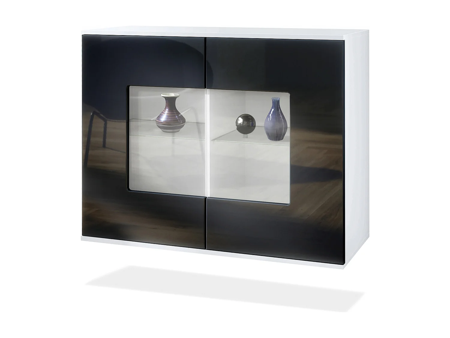 Cómoda Grömitz V3, Moderno armario de cocina con 2 grandes puertas de cristal blanco mate / negro de alto brillo (92,5 x 73.5 x 35)