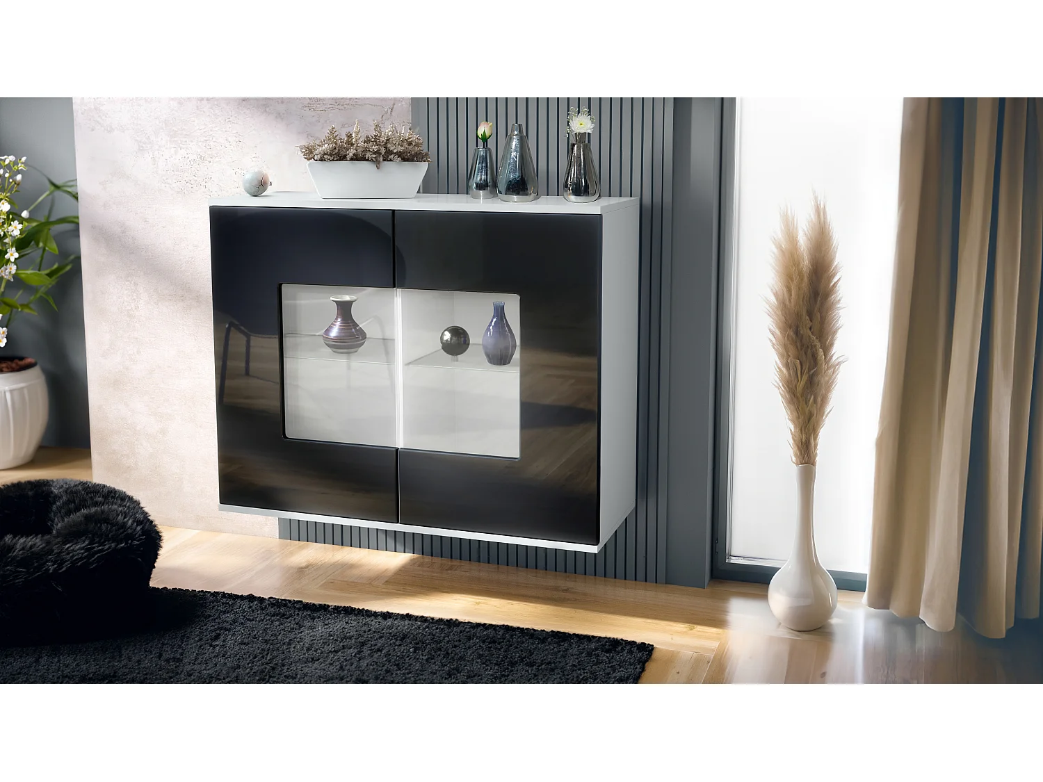 Cómoda Grömitz V3, Moderno armario de cocina con 2 grandes puertas de cristal blanco mate / negro de alto brillo (92,5 x 73.5 x 35)